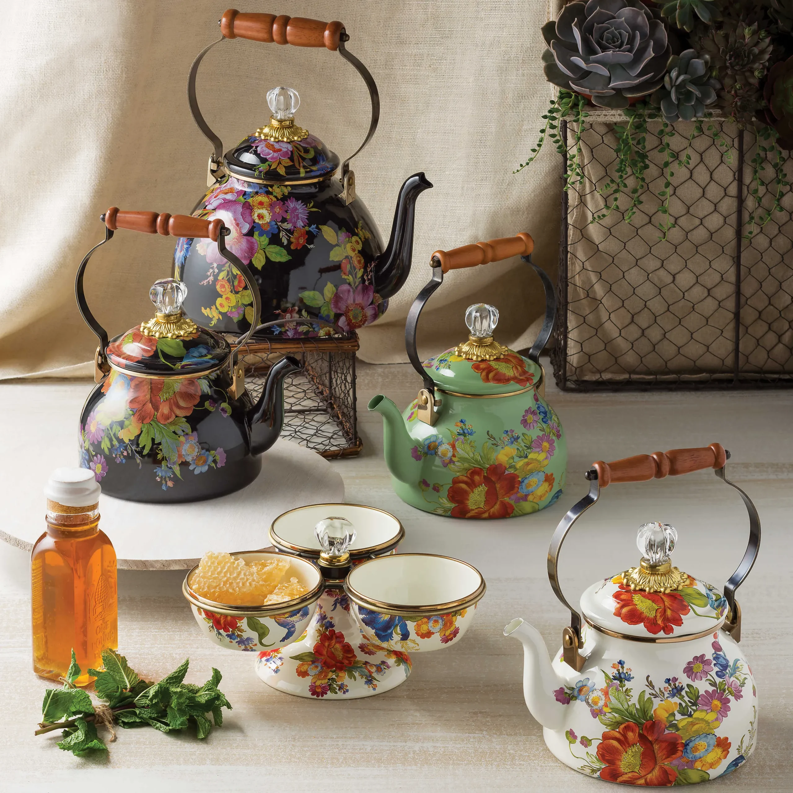 MacKenzie-Childs Black Flower Market 3 Quart Tea Kettle| Tea Kettles