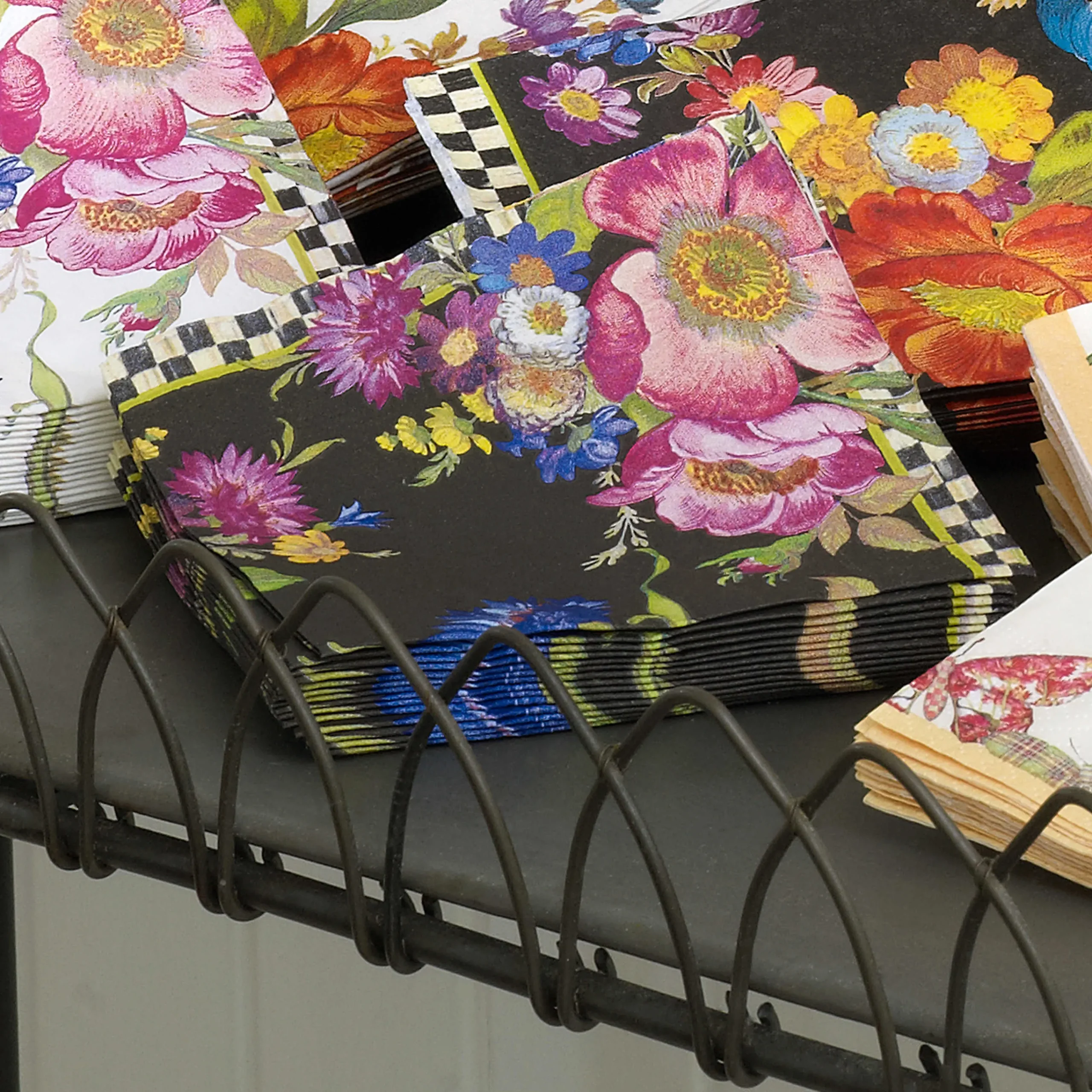 MacKenzie-Childs Black Flower Market Cocktail Paper Napkins| Bar Entertaining
