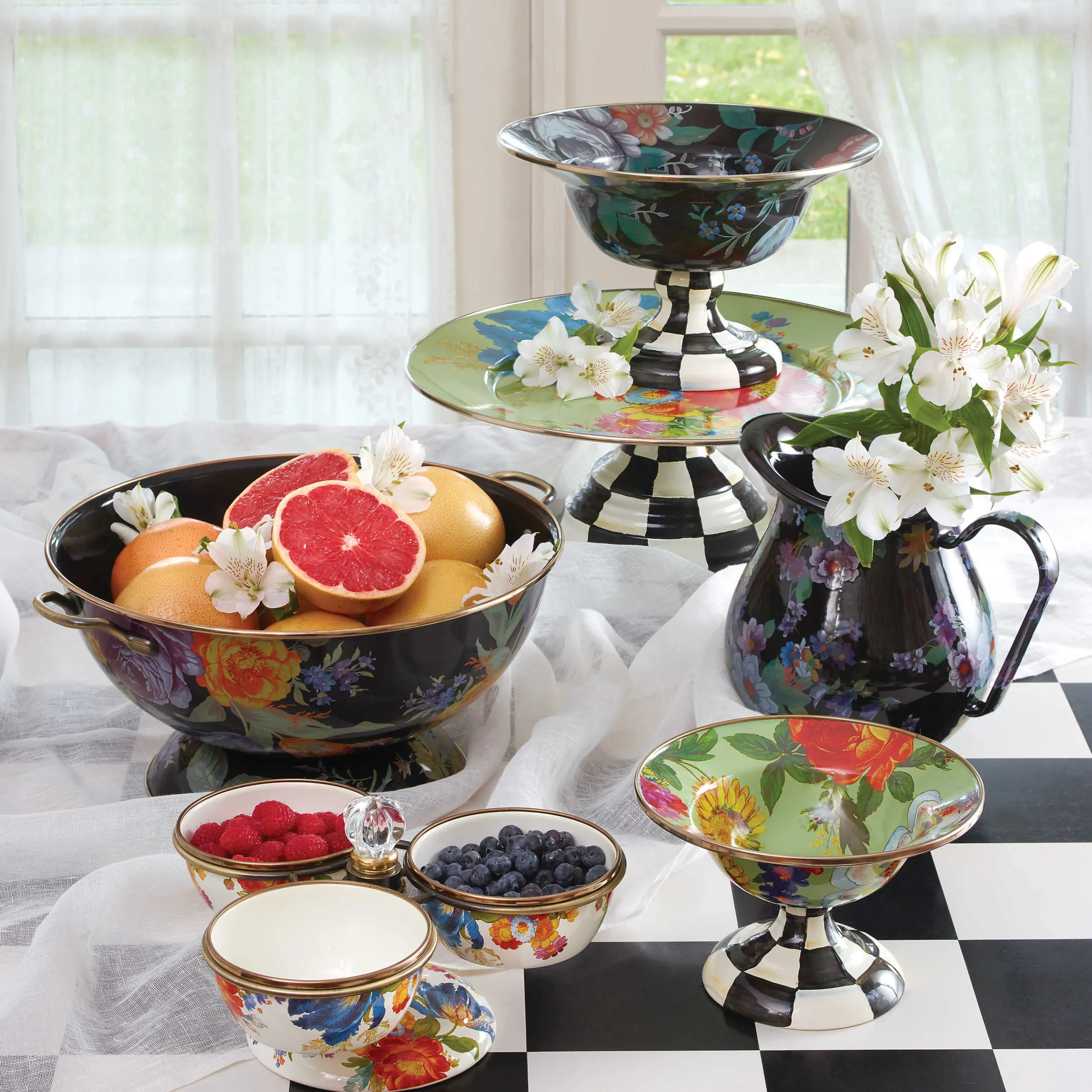 MacKenzie-Childs Black Flower Market Large Compote| Serveware