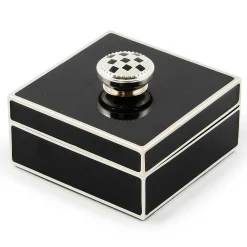 MacKenzie-Childs Black Silver Plated Trinket Box with Check Knob| Room Accents