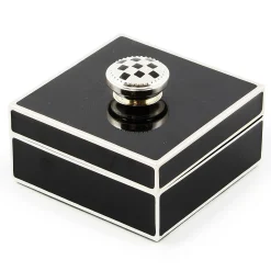 MacKenzie-Childs Black Silver Plated Trinket Box with Check Knob| Room Accents