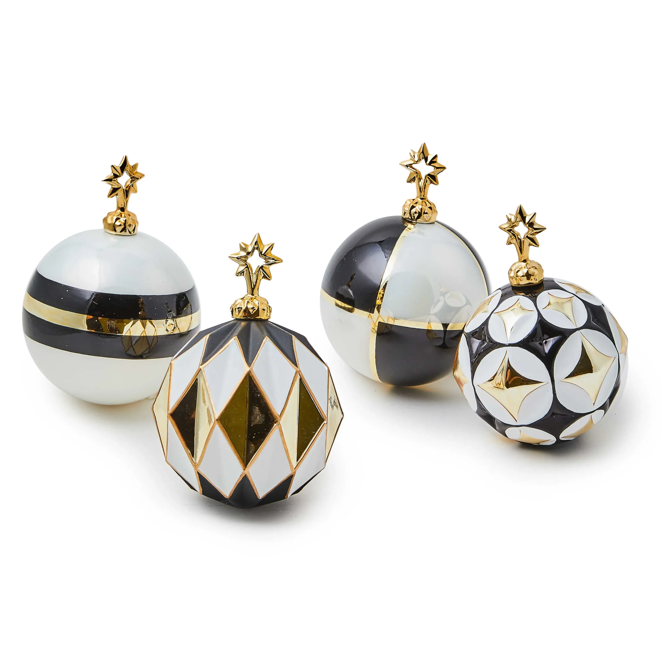 MacKenzie-Childs Black White Star Glass Ball Ornaments, Set of 4| Holiday