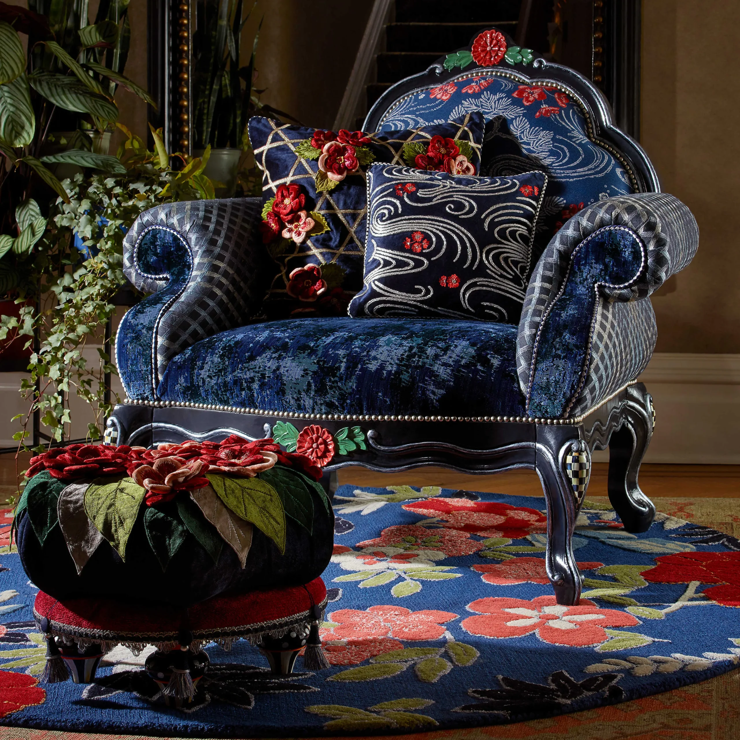 MacKenzie-Childs Bluetopia Kitano Footstool| Living Room