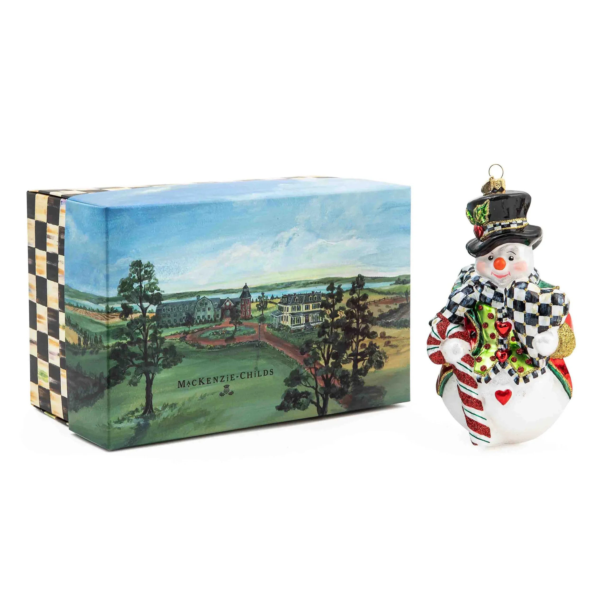 MacKenzie-Childs Candy Cane Snowman Glass Ornament| Holiday