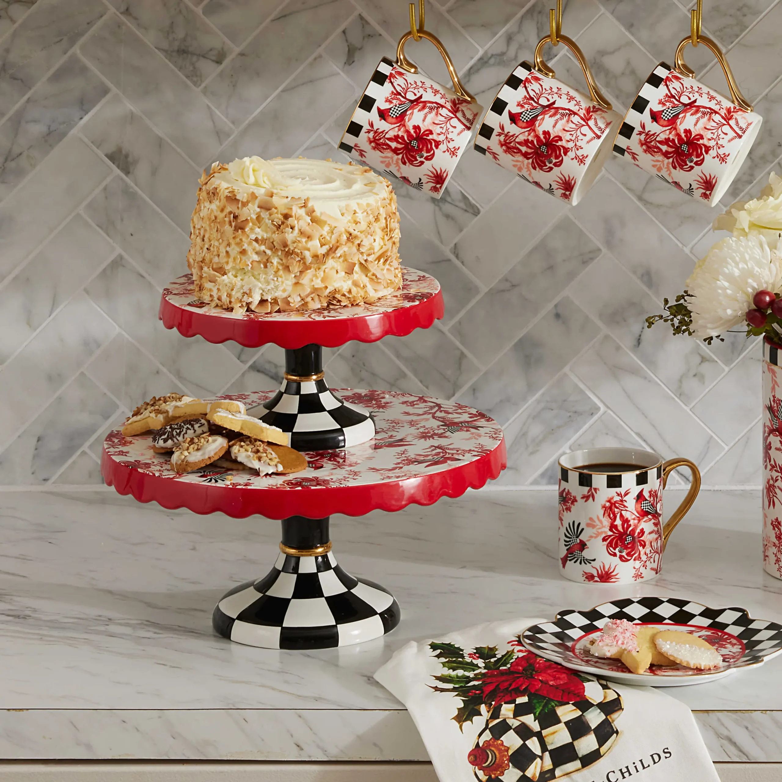 MacKenzie-Childs Cardinal Toile Small Pedestal Platter| Serveware