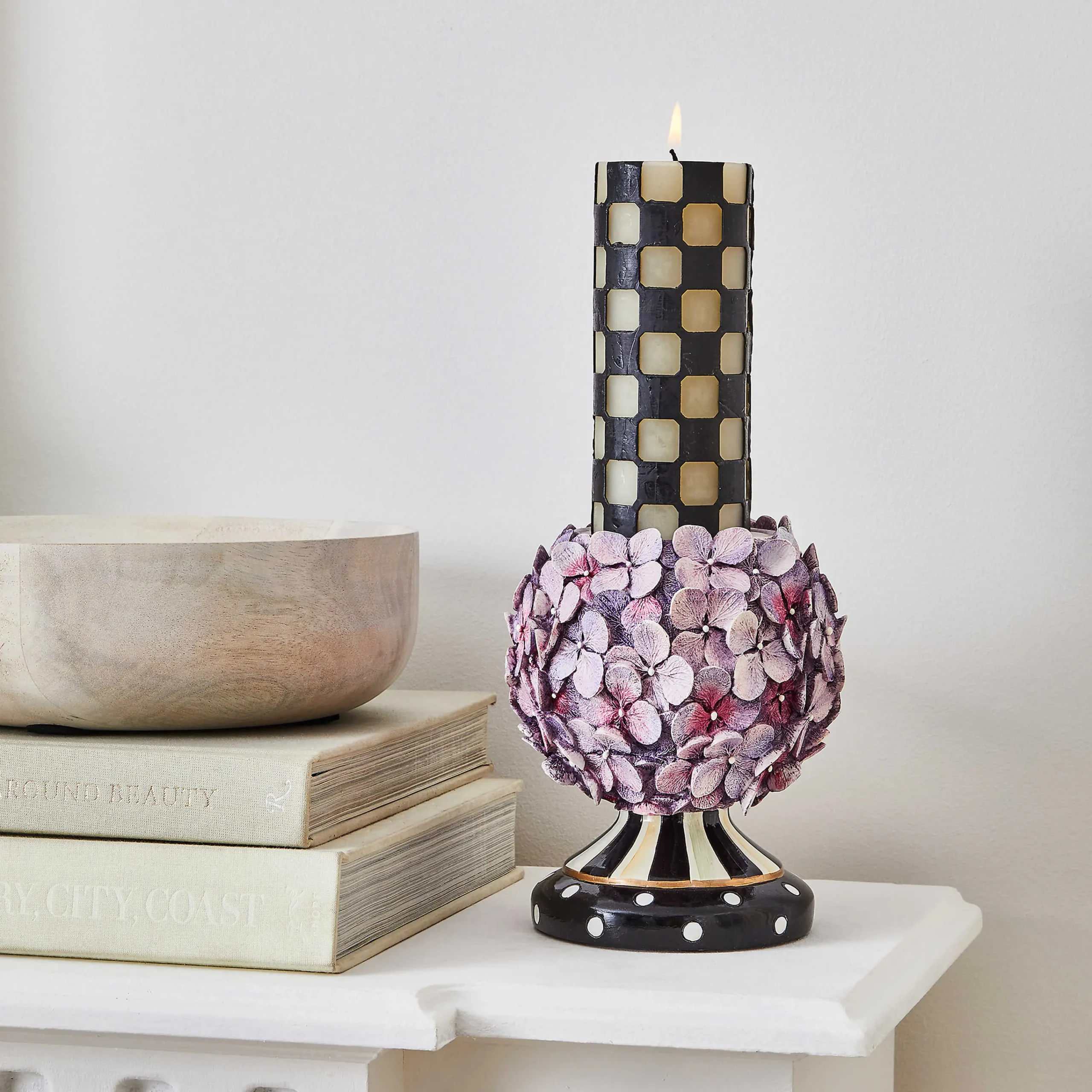 MacKenzie-Childs Check 6 Black Pillar Candle| Candles & Fragrances|Table Accessories