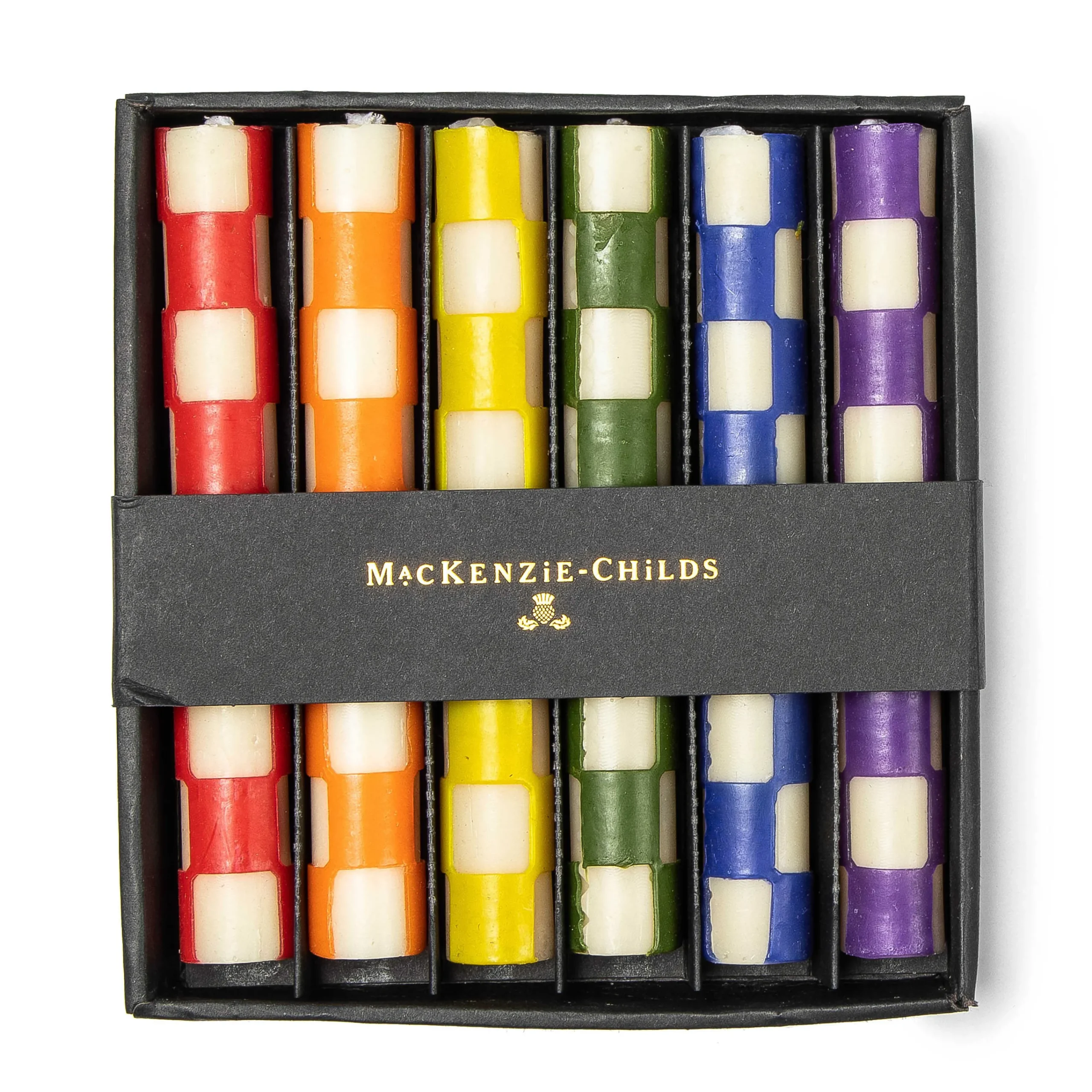 MacKenzie-Childs Check Rainbow Mini Dinner Candles, Set of 6| Candles & Fragrances|Table Accessories