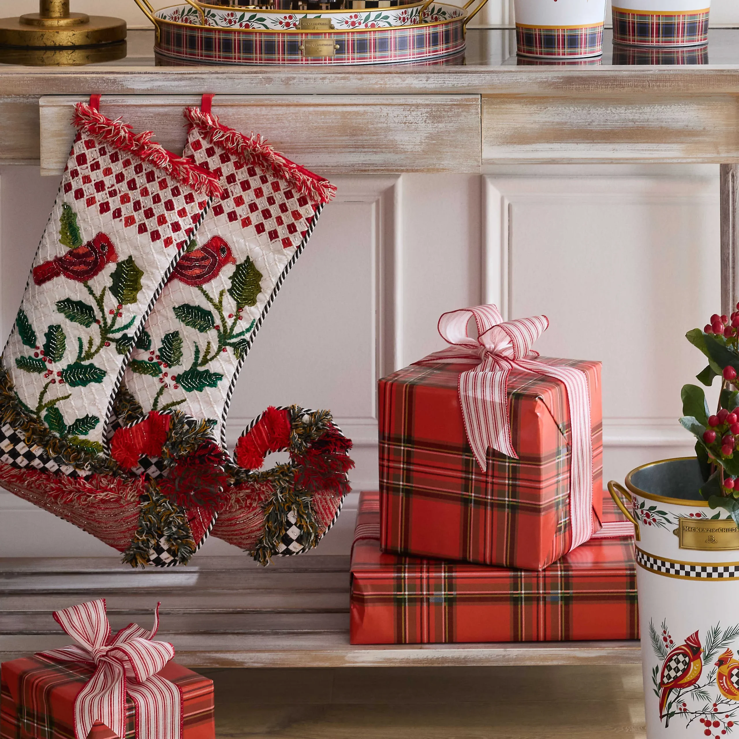 MacKenzie-Childs Christmas Cardinal Stocking| Holiday|Room Accents