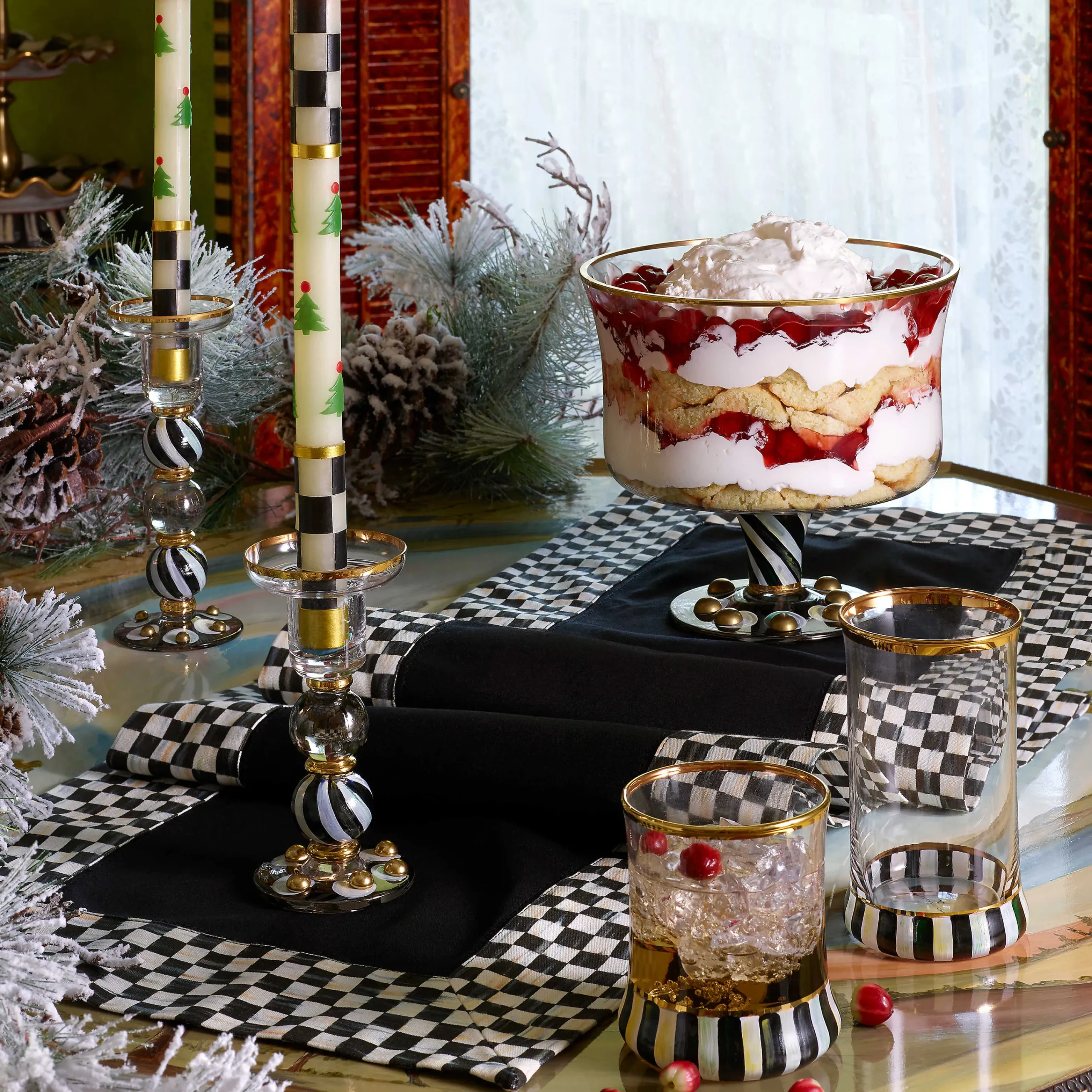 MacKenzie-Childs Christmas Tree Dinner Candles - Check Bands - Set of 2| Holiday|Candles & Fragrances