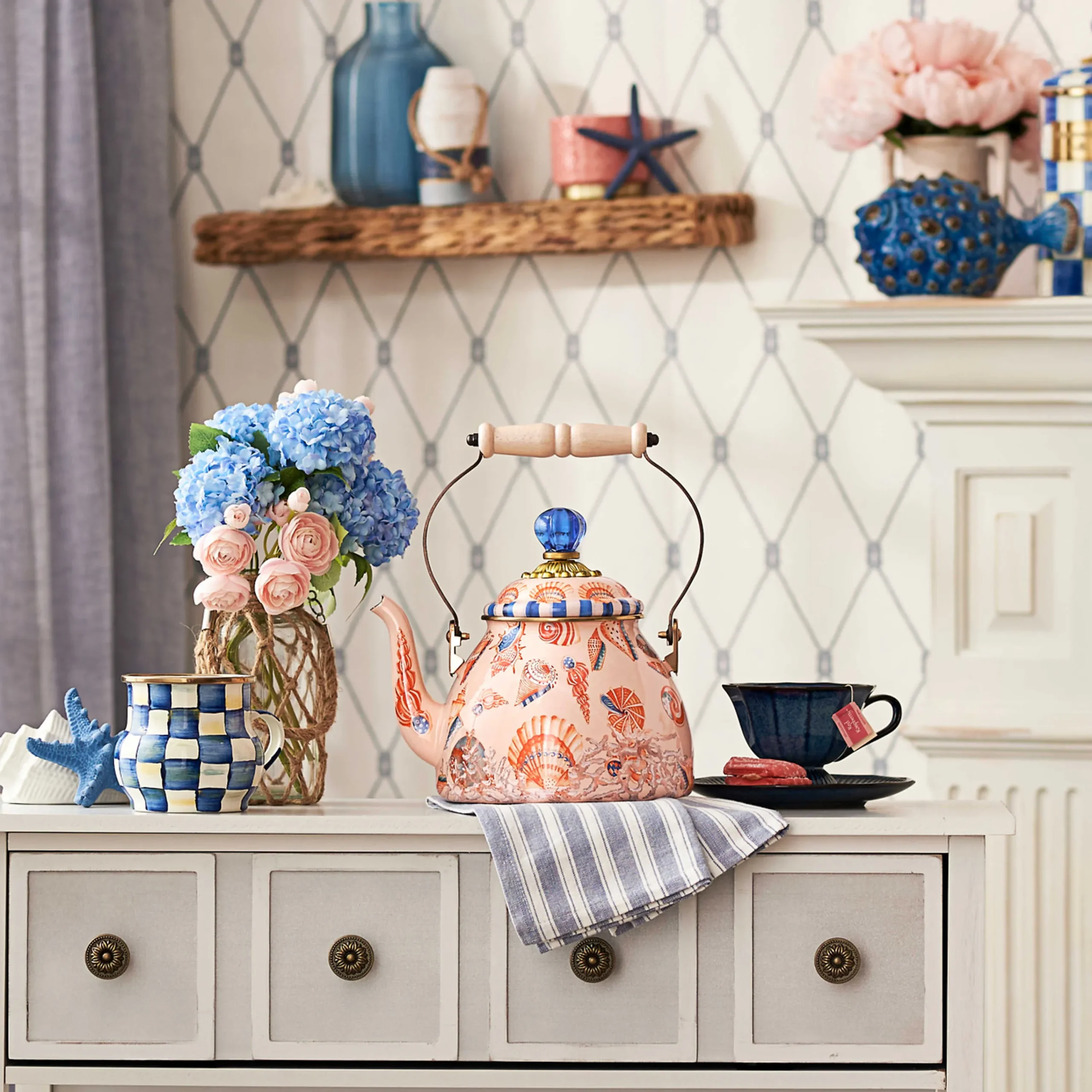 MacKenzie-Childs Coastal Shells 2 Quart Tea Kettle| Fall Entertaining|Tea Kettles