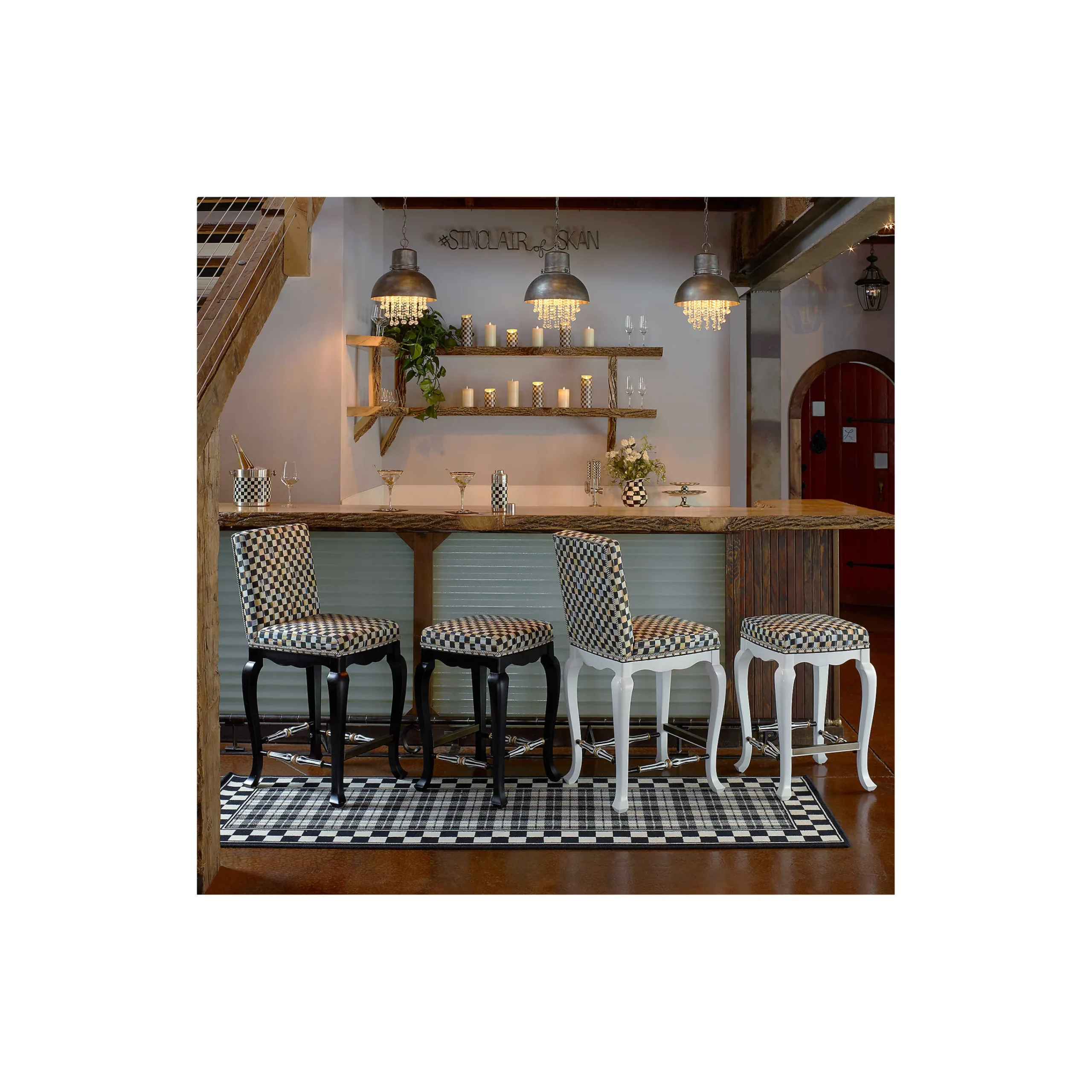 MacKenzie-Childs Courtly Check Black Counter Stool with Back| Dining Room & Kitchen