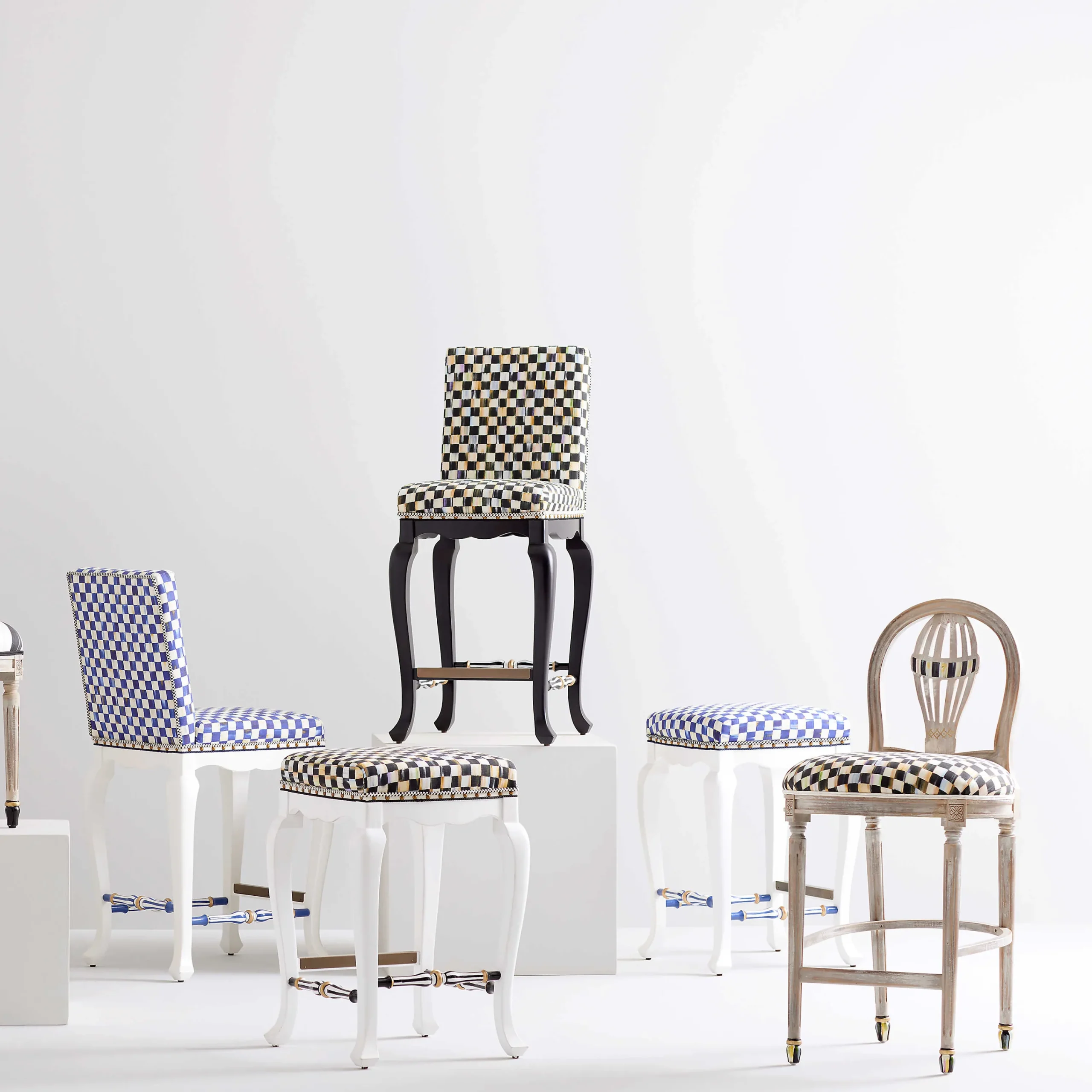 MacKenzie-Childs Courtly Check Black Counter Stool with Back| Dining Room & Kitchen