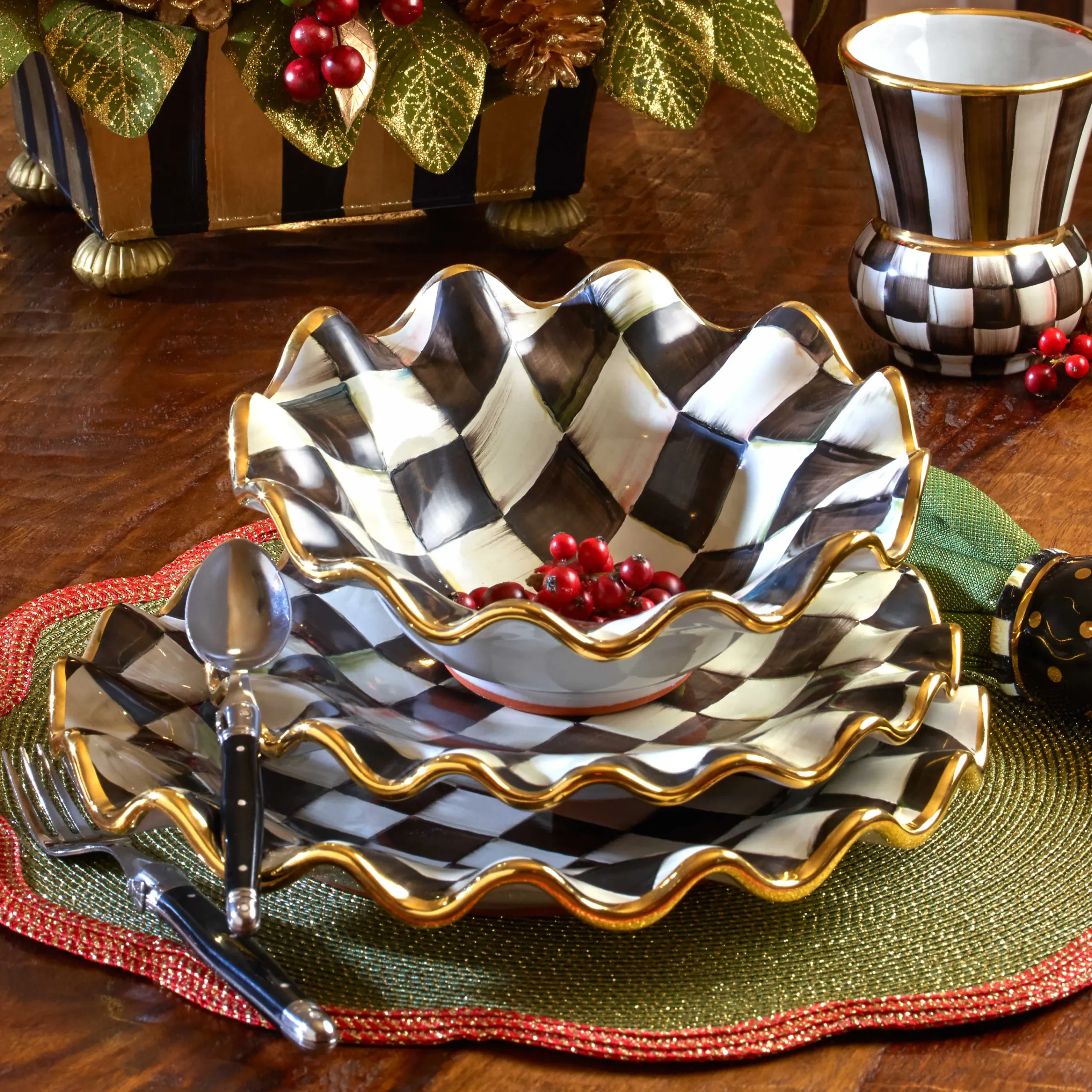 MacKenzie-Childs Courtly Check Ceramic Fluted Breakfast Bowl| Dinnerware & Flatware