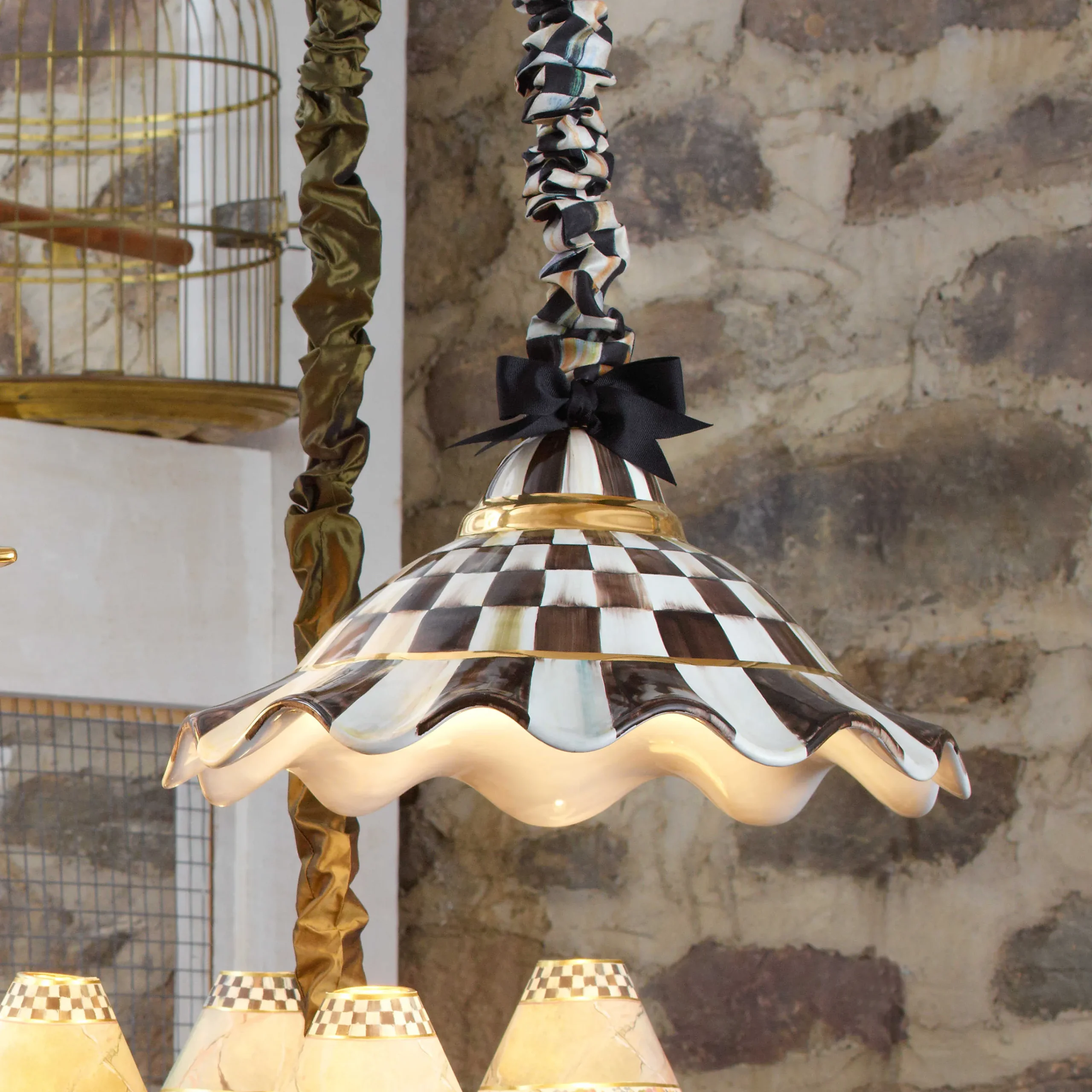 MacKenzie-Childs Courtly Check Ceramic Fluted Hanging Lamp| Lighting
