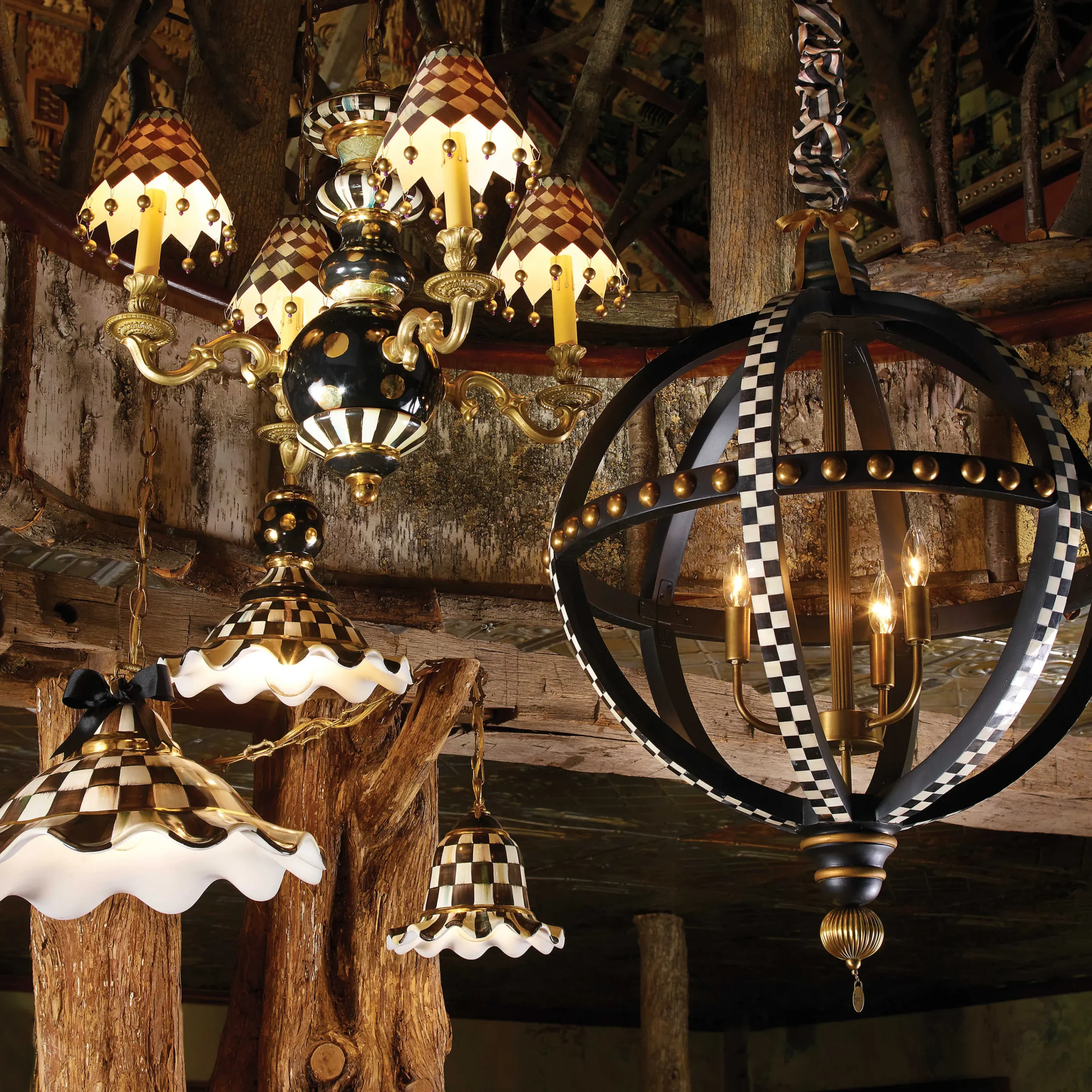 MacKenzie-Childs Courtly Check Ceramic Fluted Hanging Lamp| Lighting