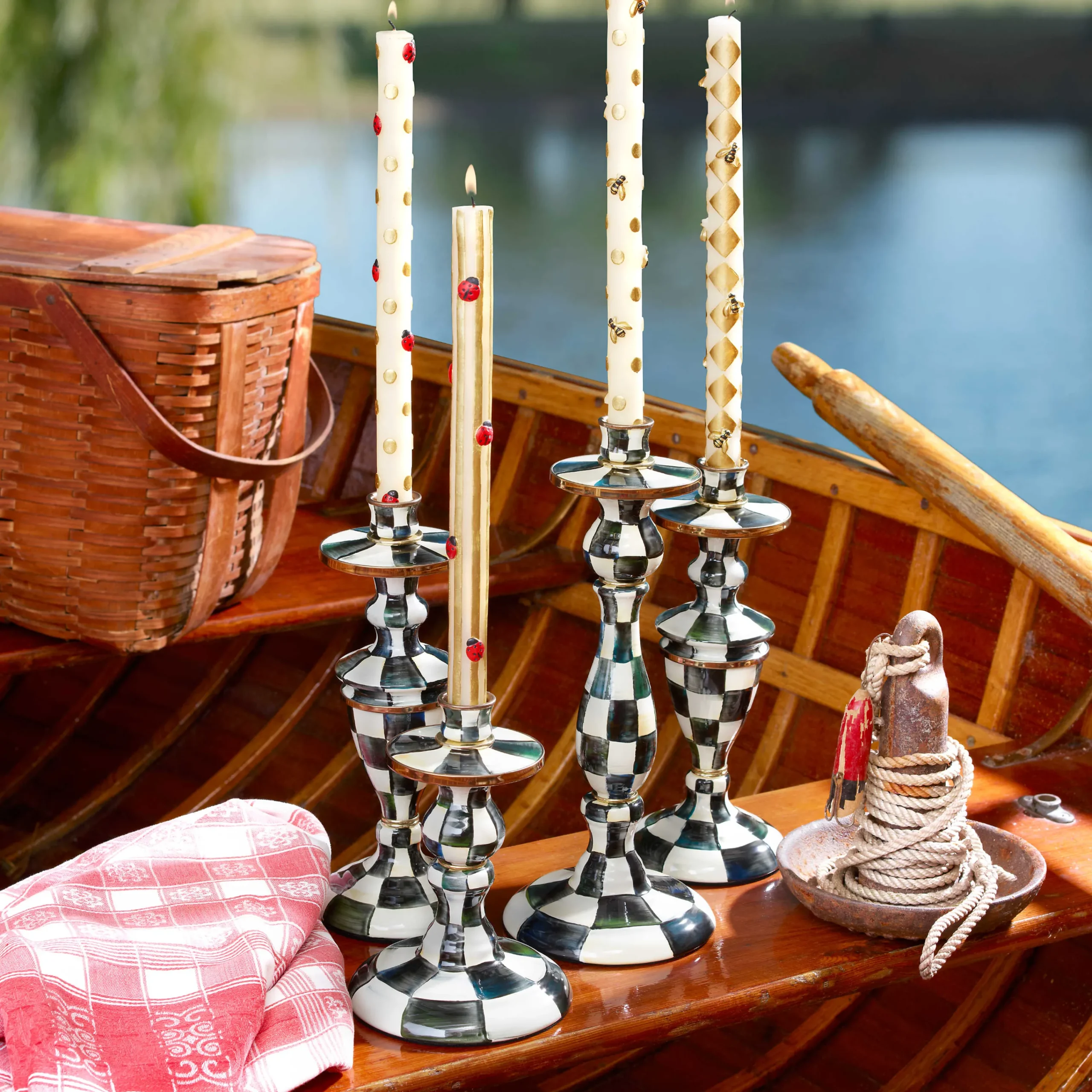 MacKenzie-Childs Courtly Check Large Enamel Candlestick| Candles & Fragrances|Table Accessories