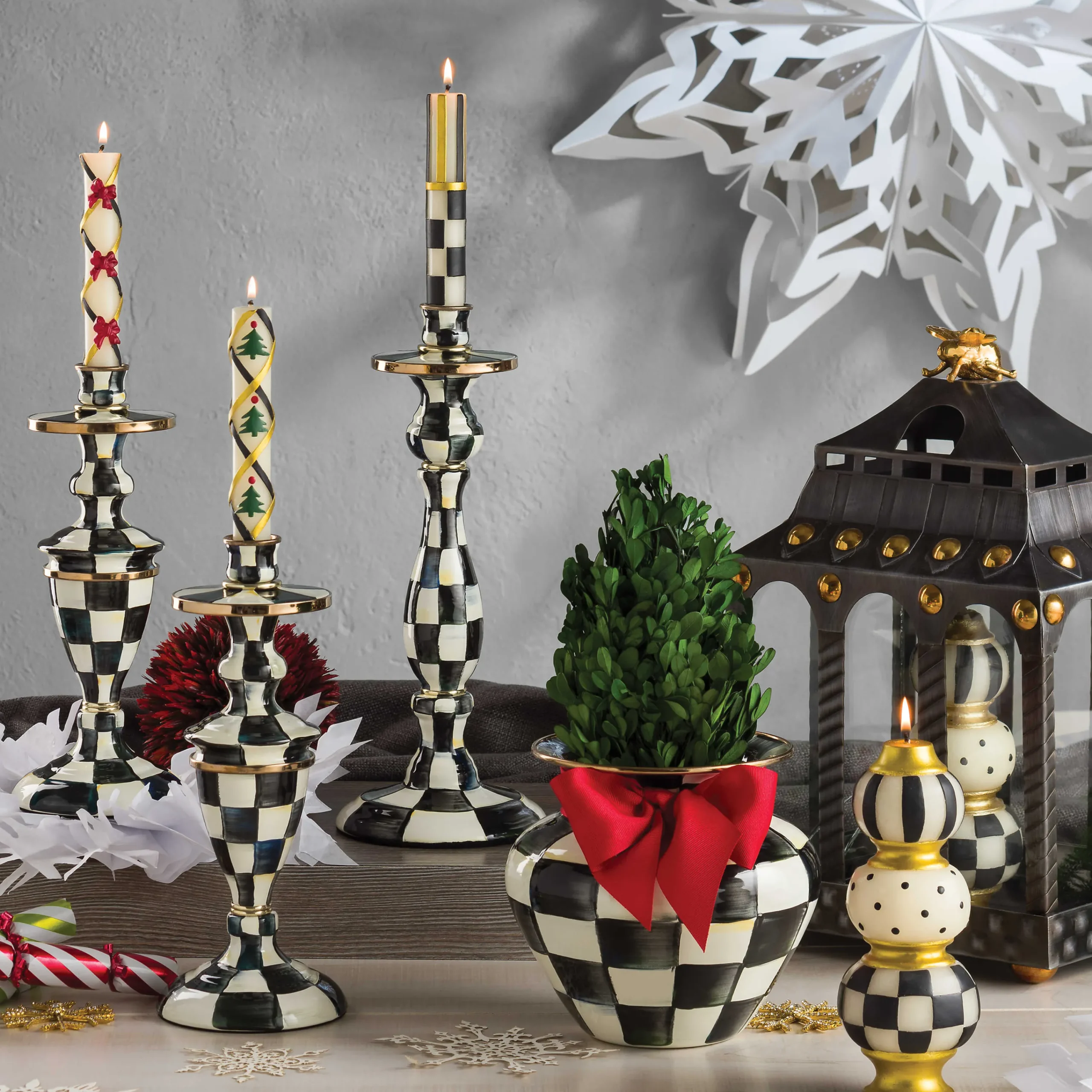 MacKenzie-Childs Courtly Check Large Enamel Candlestick| Candles & Fragrances|Table Accessories