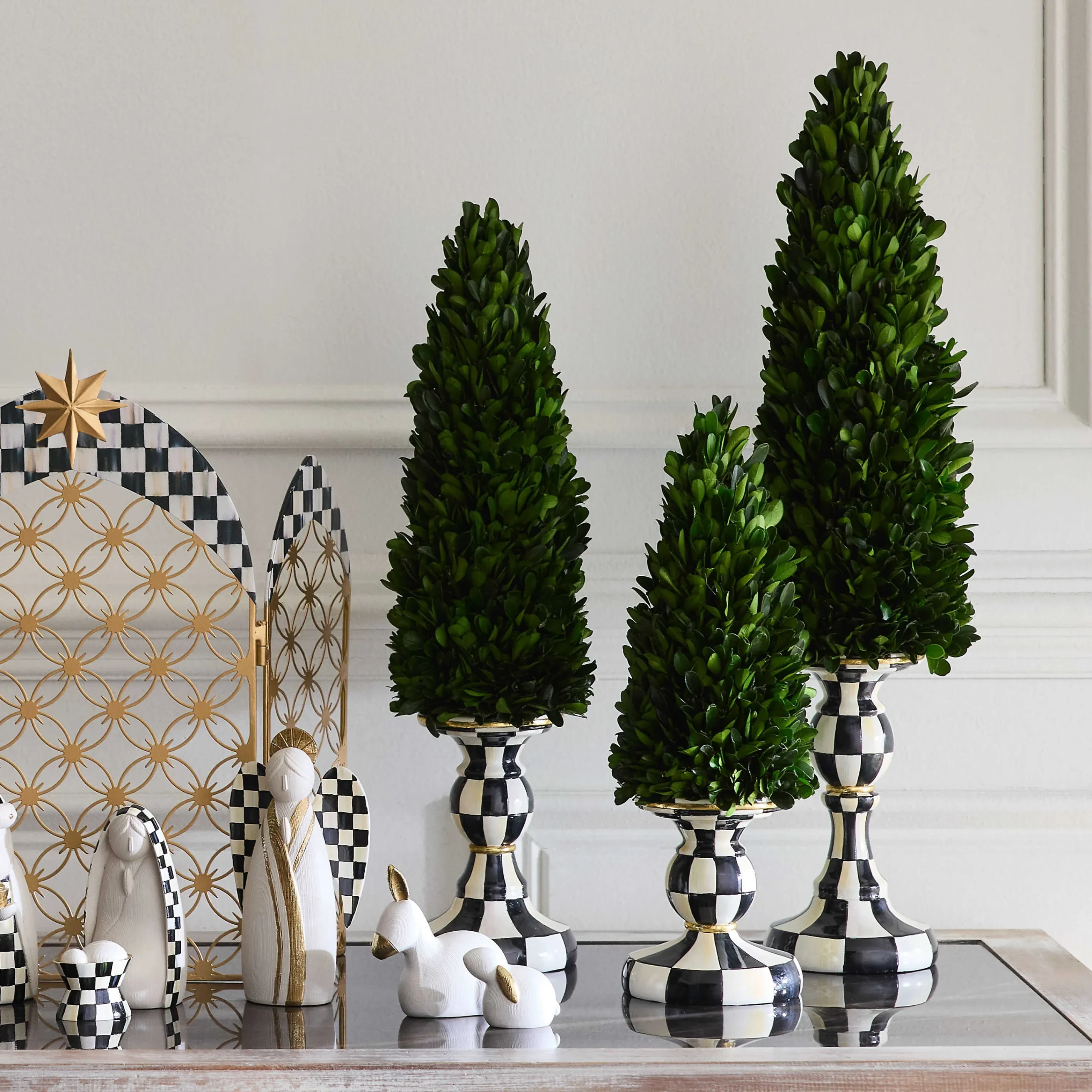 MacKenzie-Childs Courtly Check Large Pedestal Boxwood Tree| Greenery & Florals