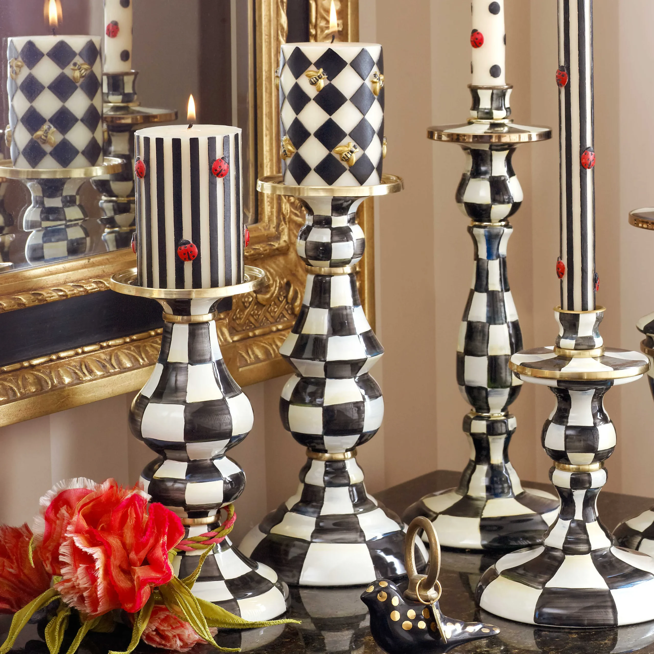 MacKenzie-Childs Courtly Check Medium Pillar Candlestick| Candles & Fragrances|Table Accessories