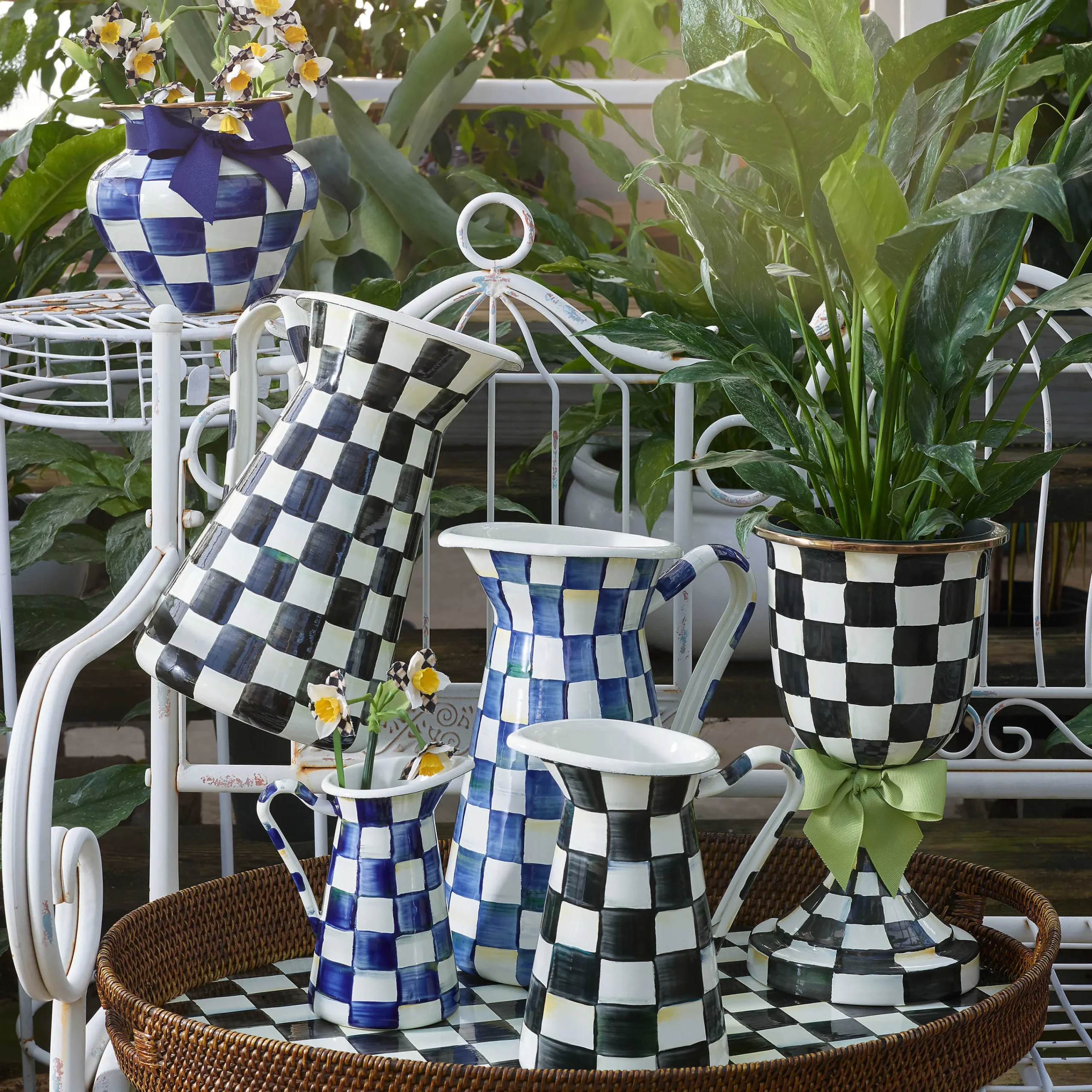 MacKenzie-Childs Courtly Check Rattan Enamel Party Serving Tray| Bar Entertaining|Serveware