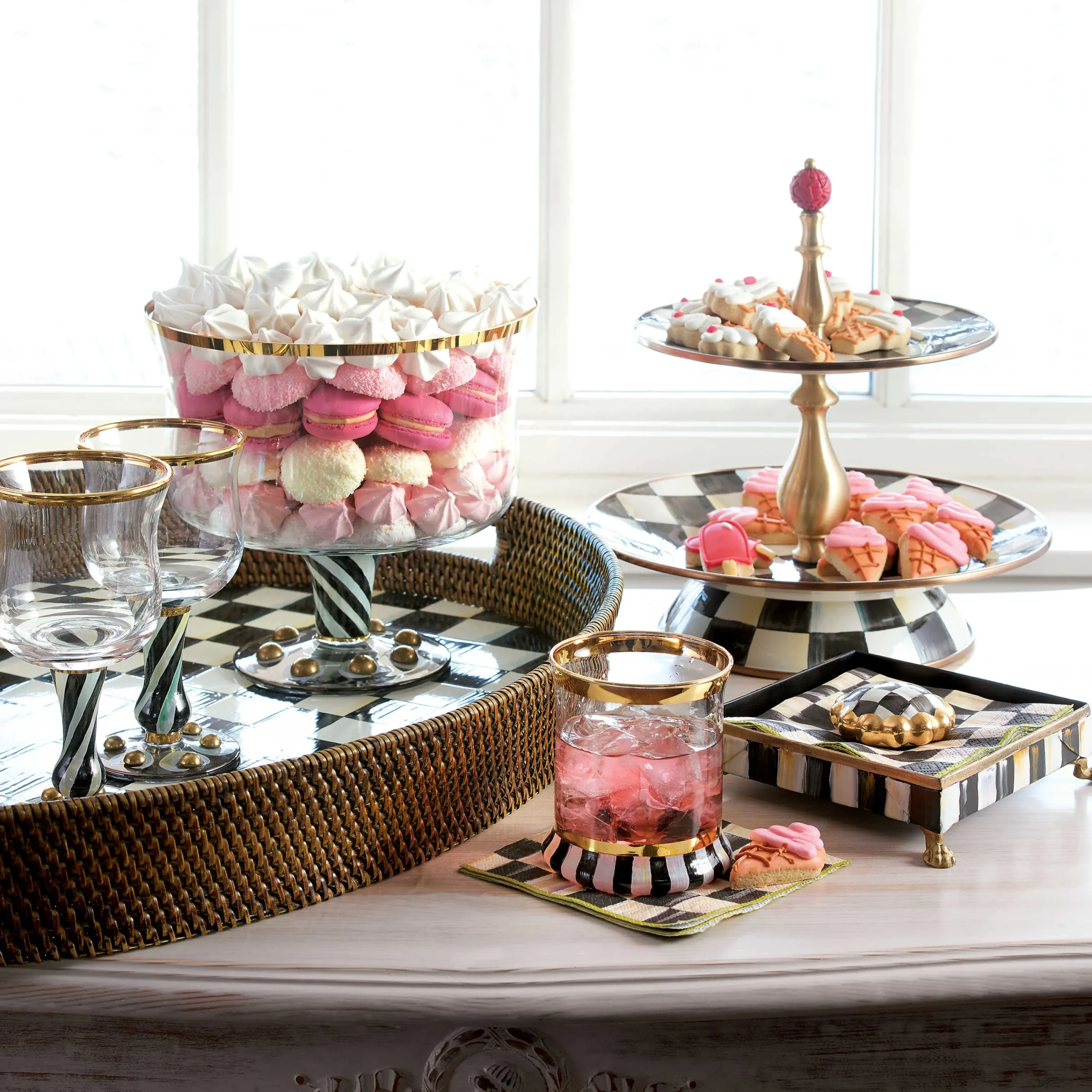 MacKenzie-Childs Courtly Check Rattan Enamel Party Serving Tray| Bar Entertaining|Serveware