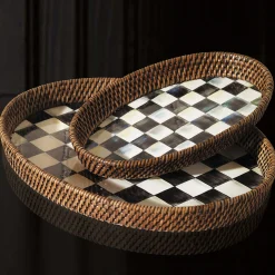 MacKenzie-Childs Courtly Check Rattan  Enamel Large Serving Tray| Fall Entertaining|Bar Entertaining