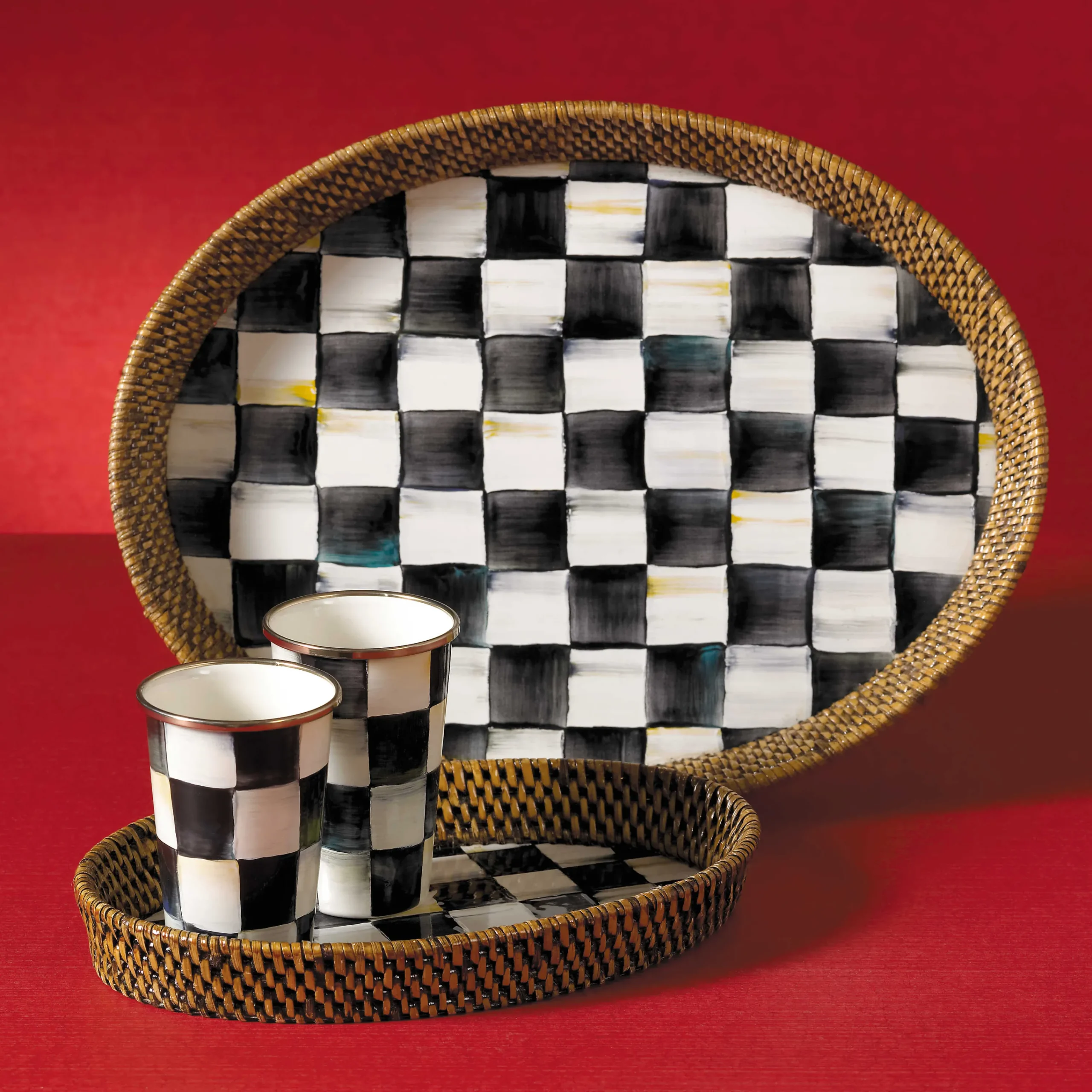 MacKenzie-Childs Courtly Check Rattan Enamel Small Serving Tray| The Coffee Shop|Bar Entertaining