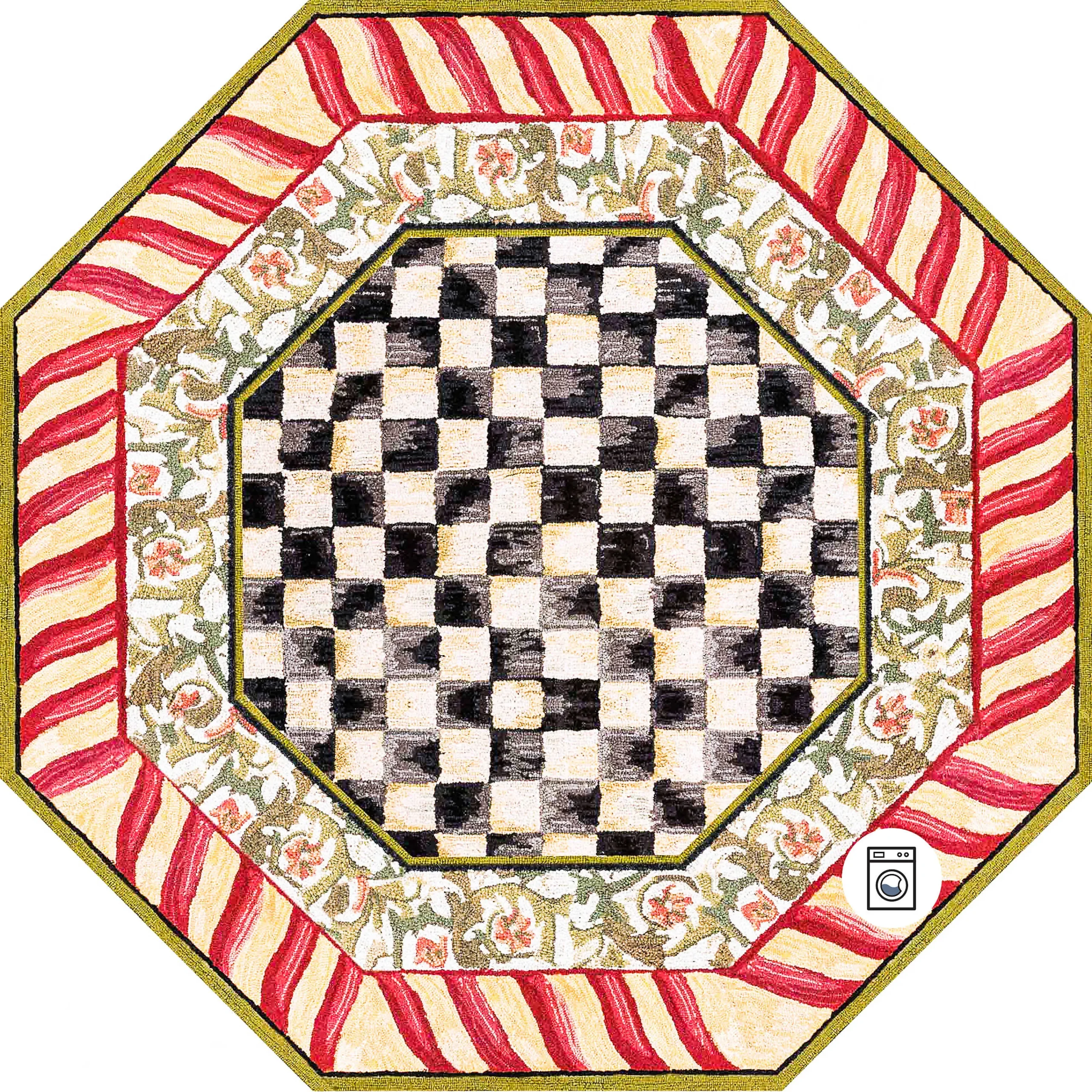 MacKenzie-Childs Courtly Check Red Gold 6' Octagon Washable Rug| Rugs