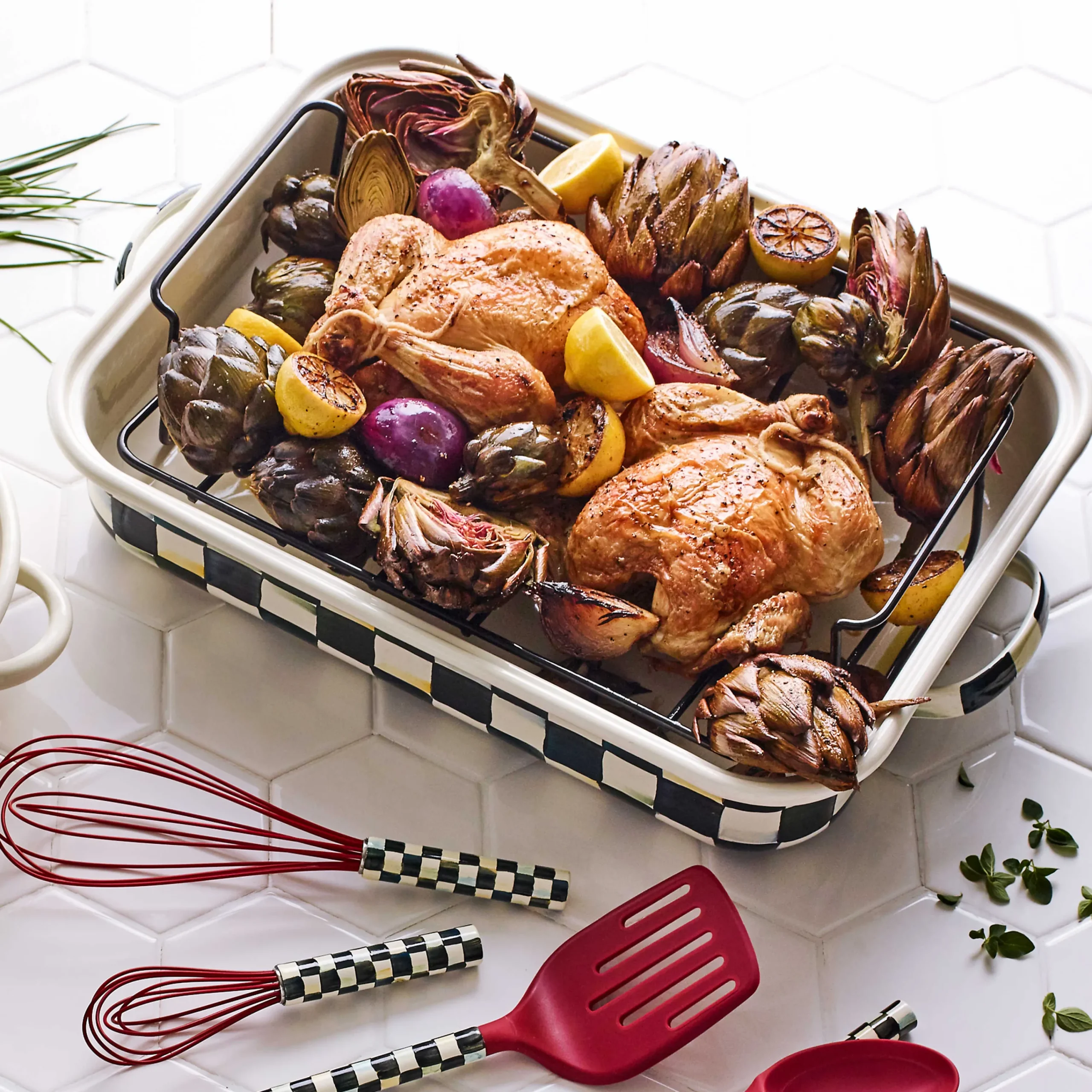 MacKenzie-Childs Courtly Check Roasting Pan with Rack| Fall Entertaining|Cookware & Bakeware