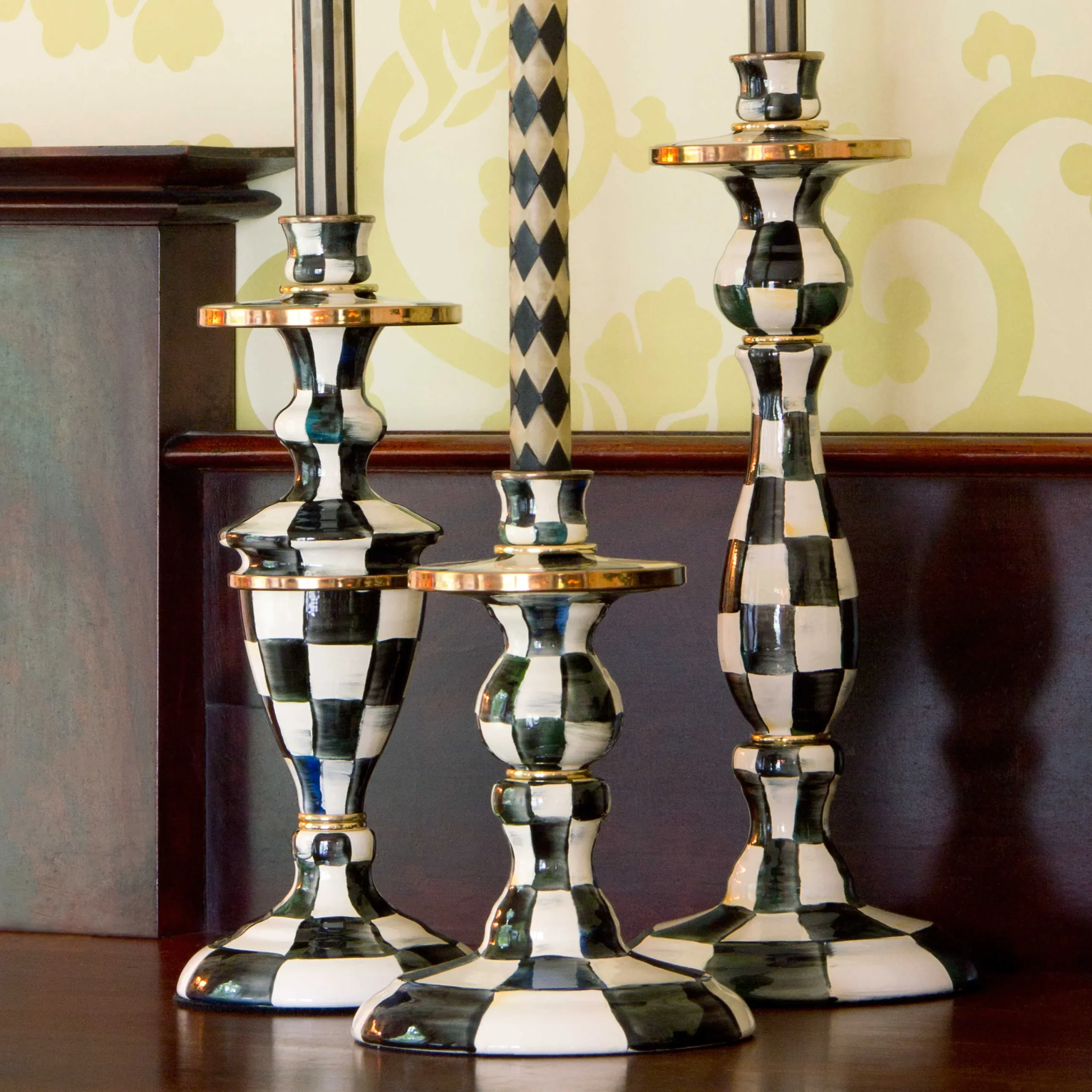 MacKenzie-Childs Courtly Check Small Enamel Candlestick| Candles & Fragrances|Table Accessories