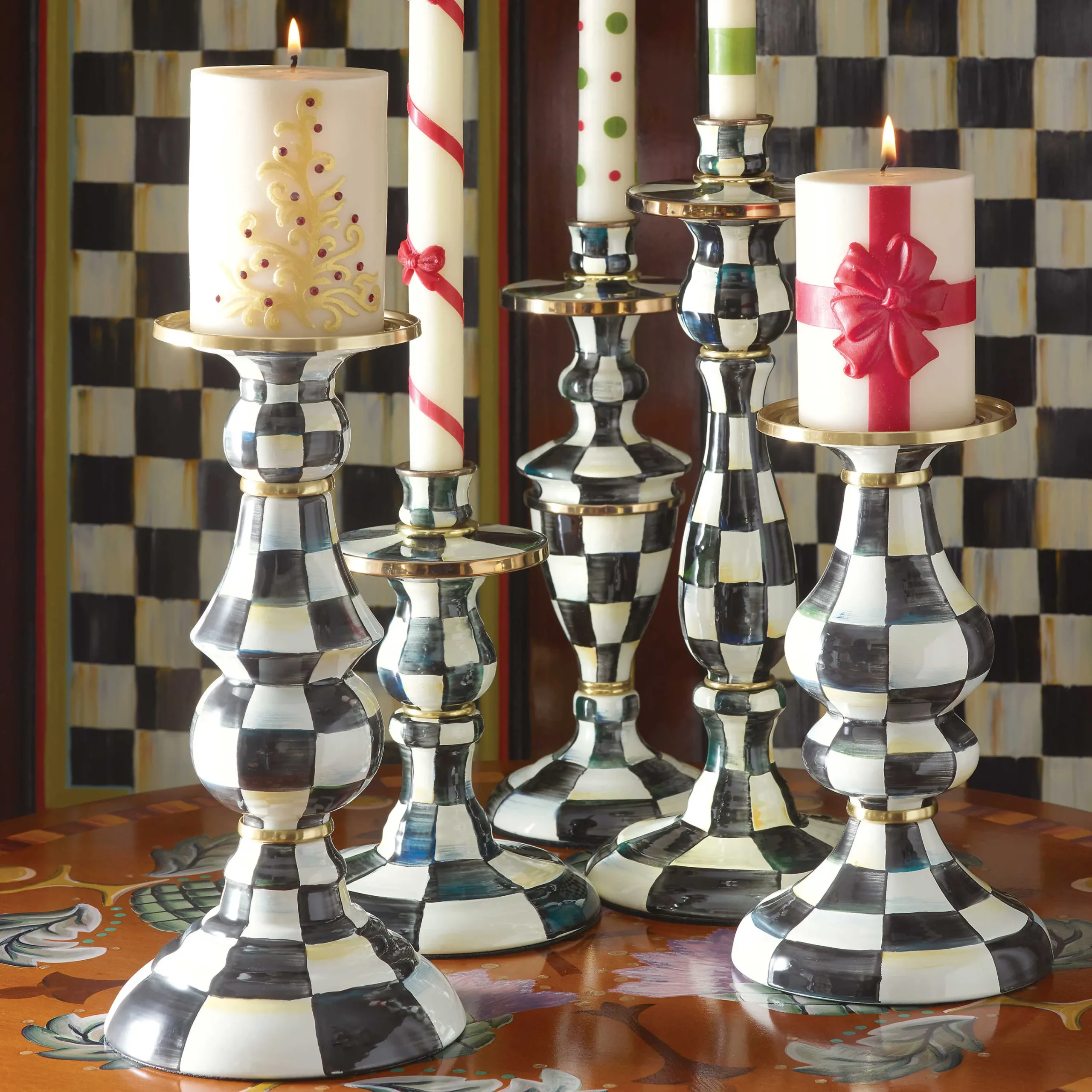 MacKenzie-Childs Courtly Check Small Enamel Candlestick| Candles & Fragrances|Table Accessories