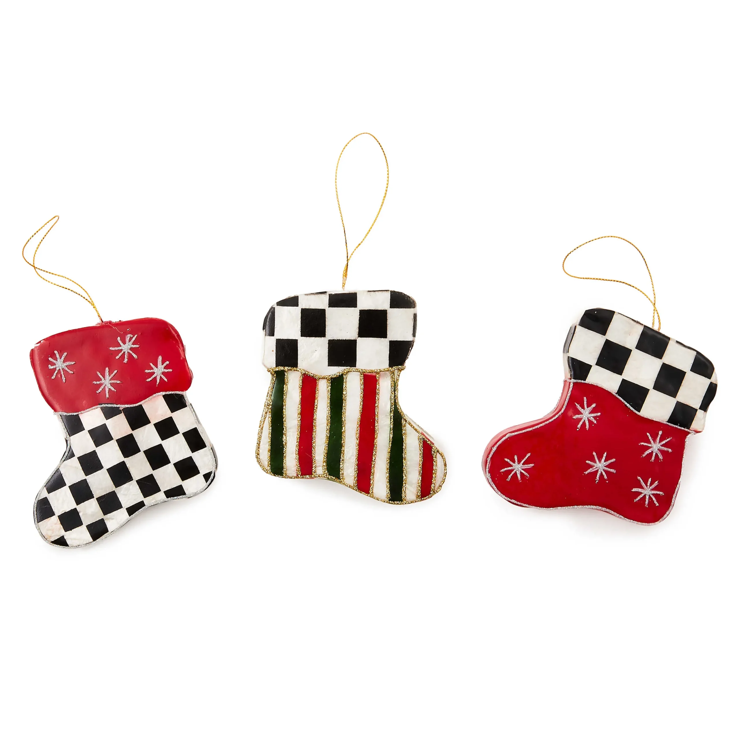 MacKenzie-Childs Cozy Christmas Capiz Stocking Ornaments, Set of 3| Holiday