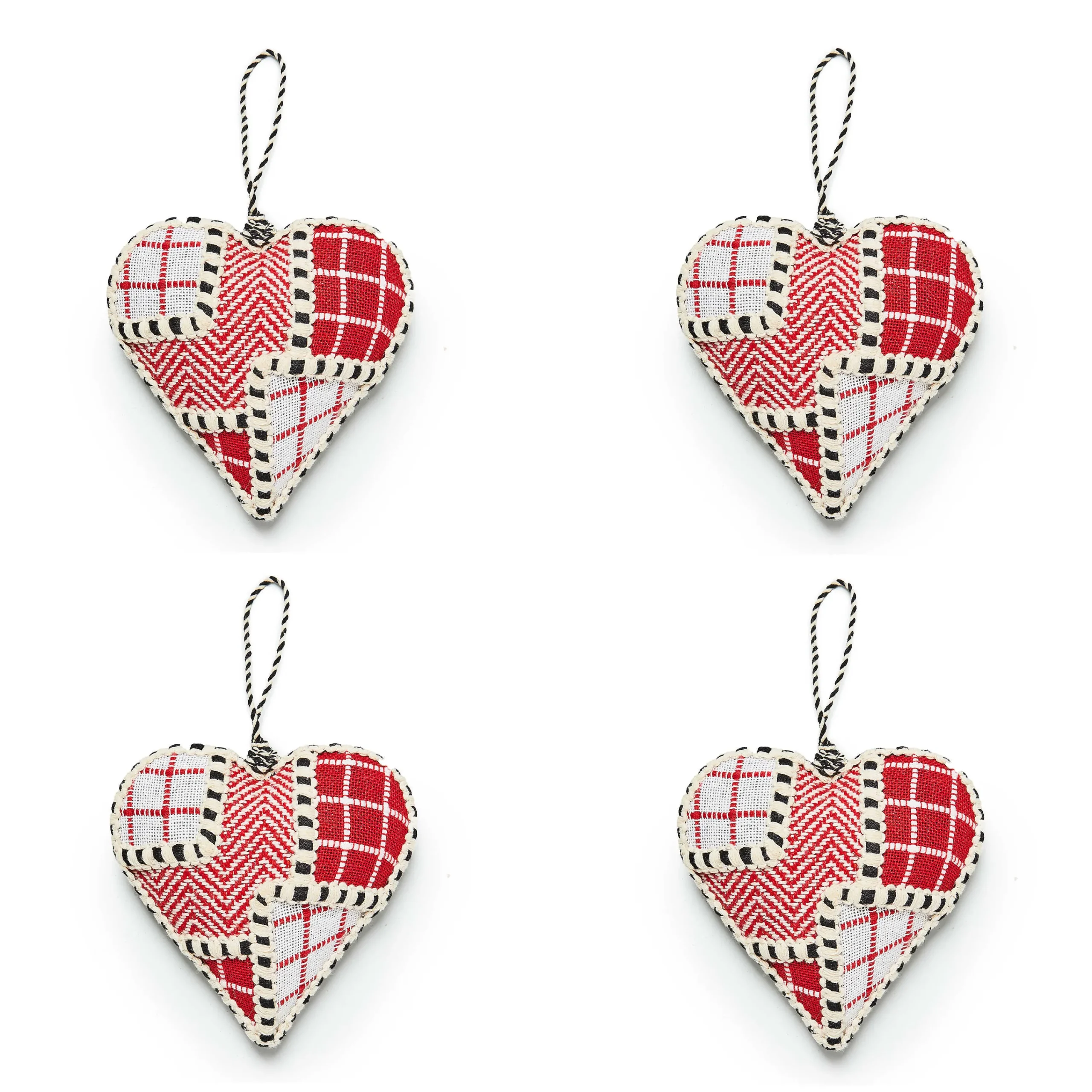 MacKenzie-Childs Cozy Christmas Patchwork Heart Ornaments, Set of 4| Holiday