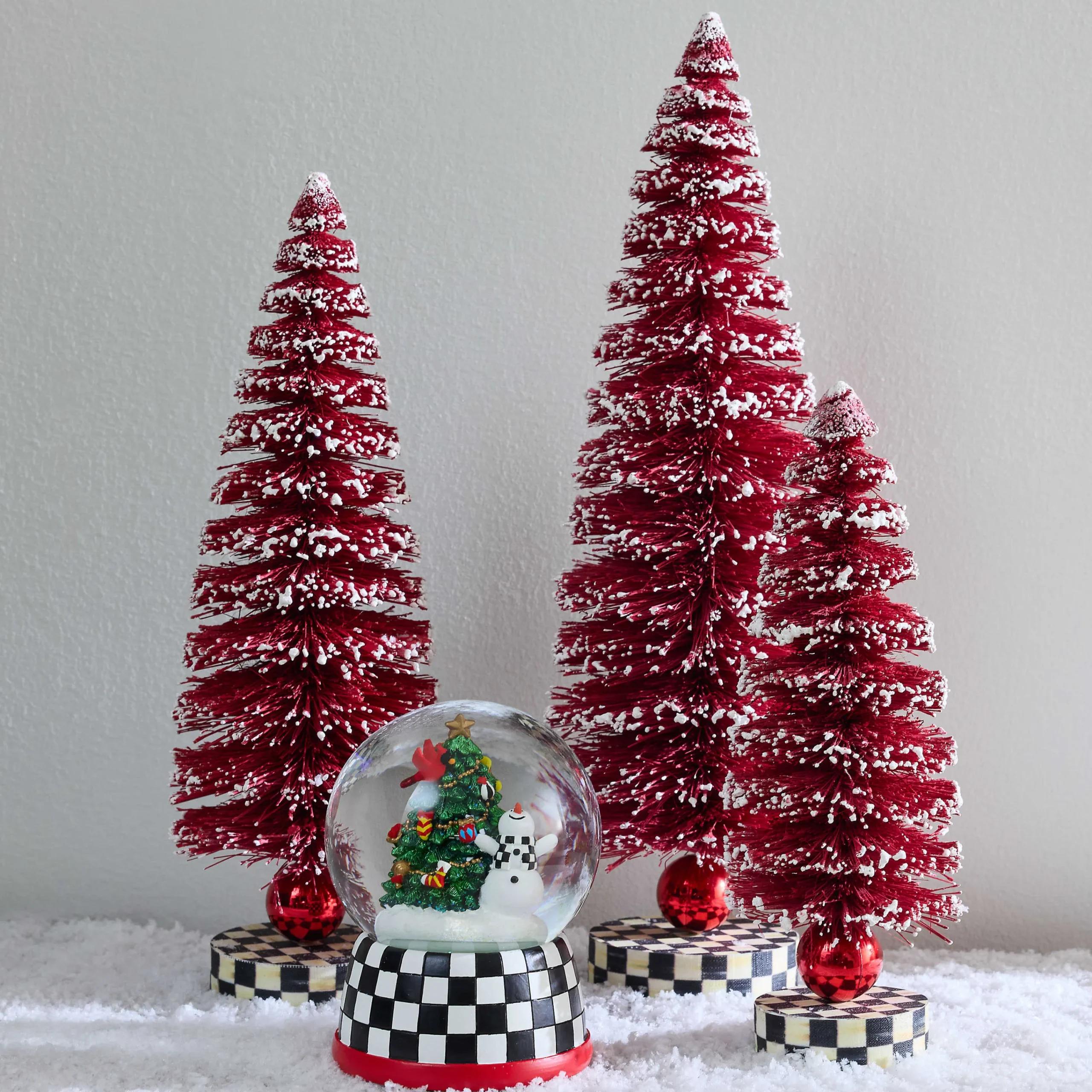MacKenzie-Childs Cozy Christmas Red Bottle Brush Trees, Set of 3| Room Accents
