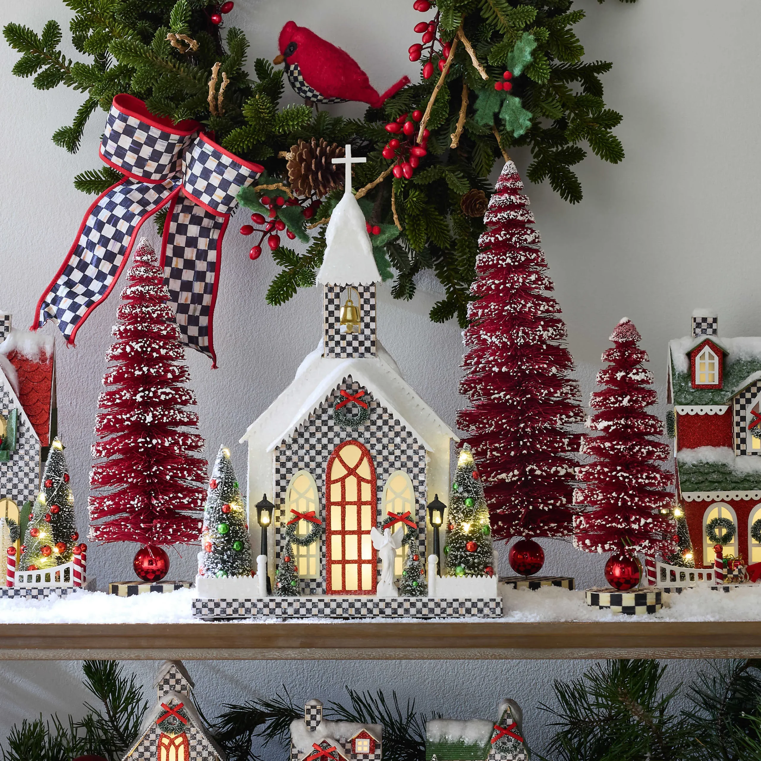 MacKenzie-Childs Cozy Christmas Red Bottle Brush Trees, Set of 3| Room Accents