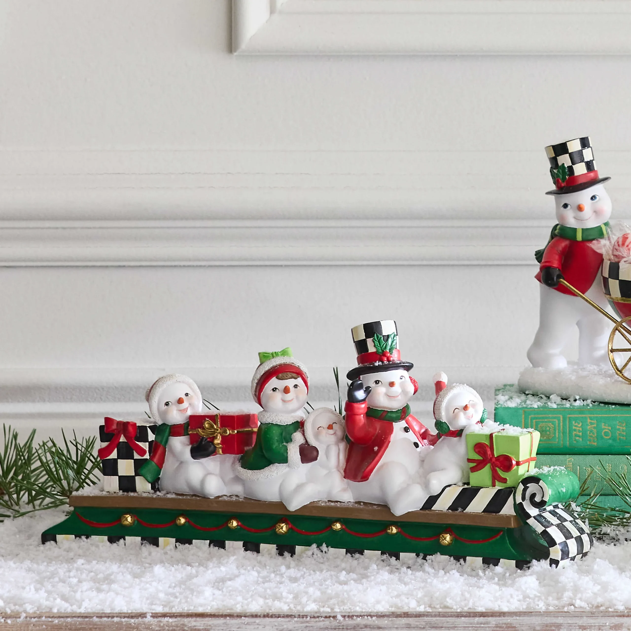 MacKenzie-Childs Cozy Christmas Snowmen Family Sledding Figurine| Holiday|Room Accents