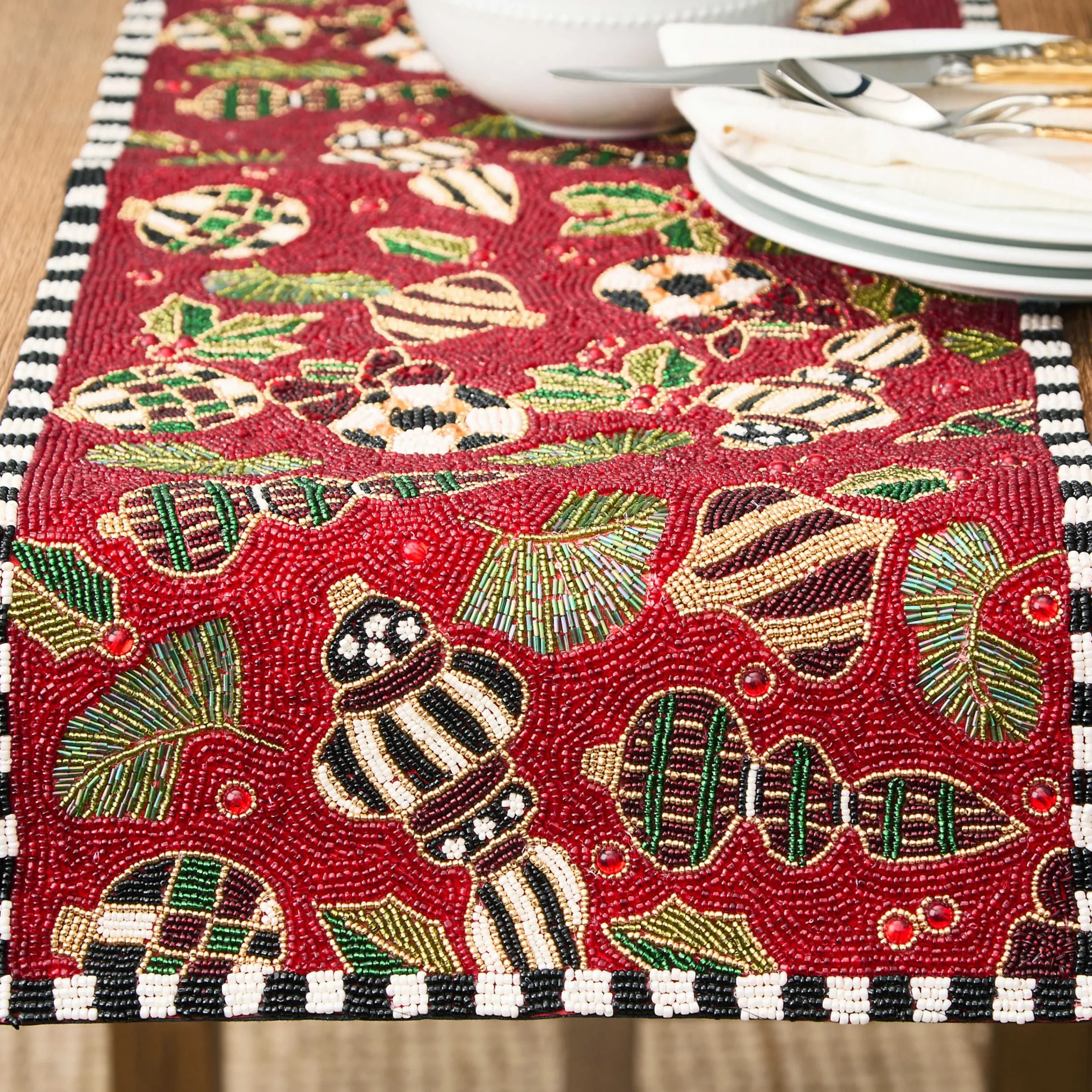 MacKenzie-Childs Deck the Halls Red Beaded Table Runner| Table Accessories|Kitchen & Table Linens