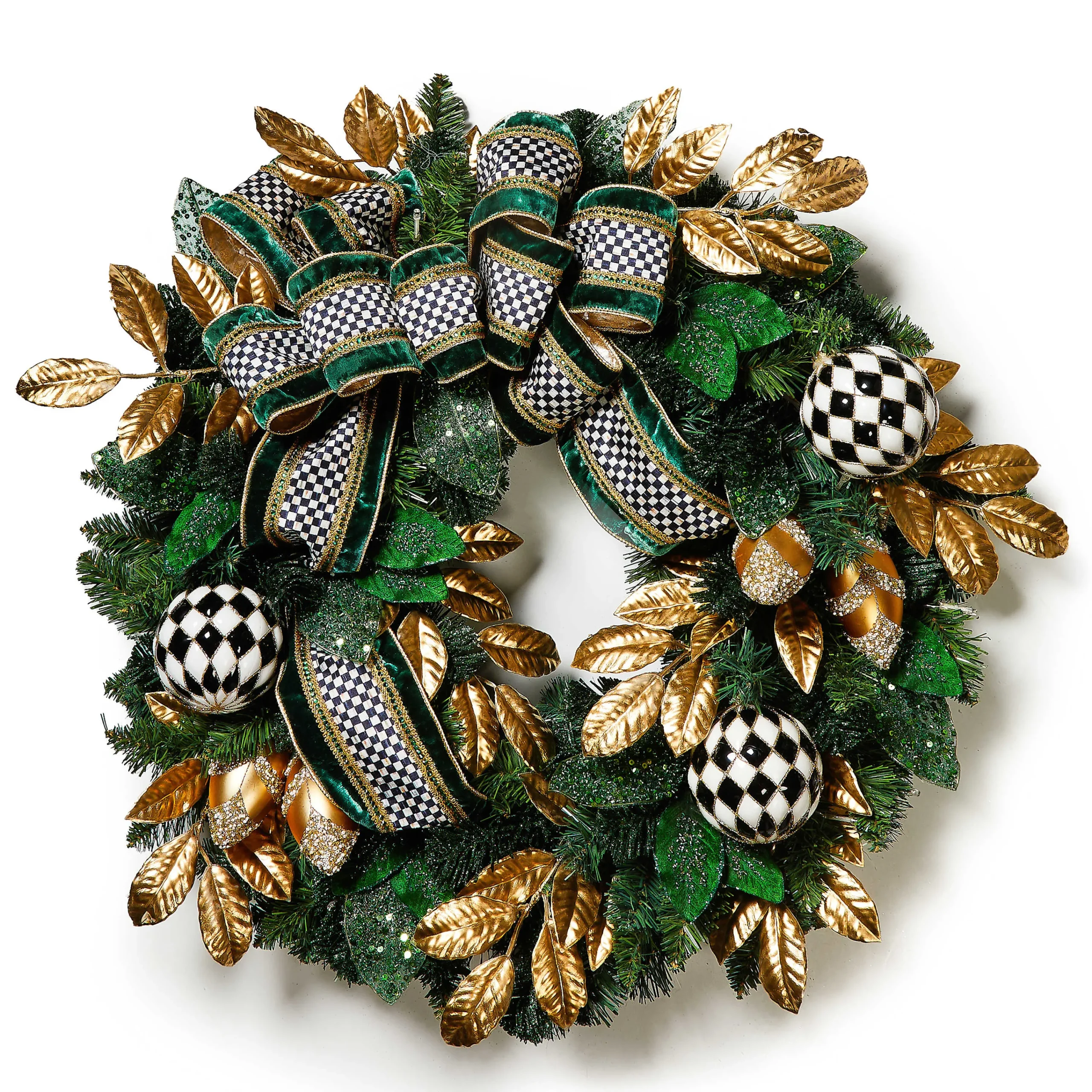 MacKenzie-Childs Emerald Luxe Illuminated 30 Wreath| Greenery & Florals|Outdoor