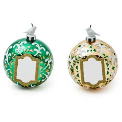 MacKenzie-Childs Emerald Luxe Mirror Glass Ball Ornaments, Set of 2| Holiday