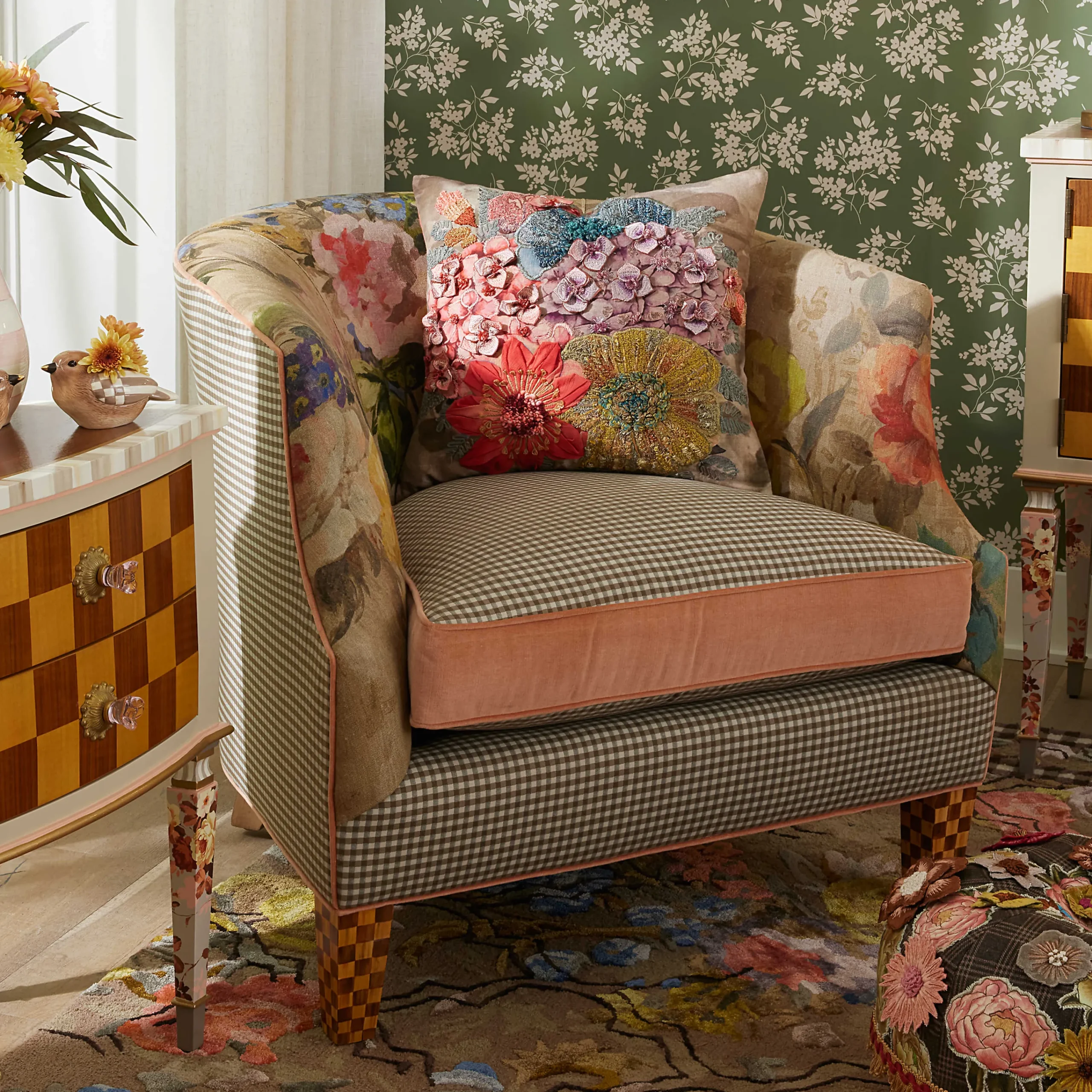 MacKenzie-Childs Field Study Floral Gingham Accent Chair| Living Room