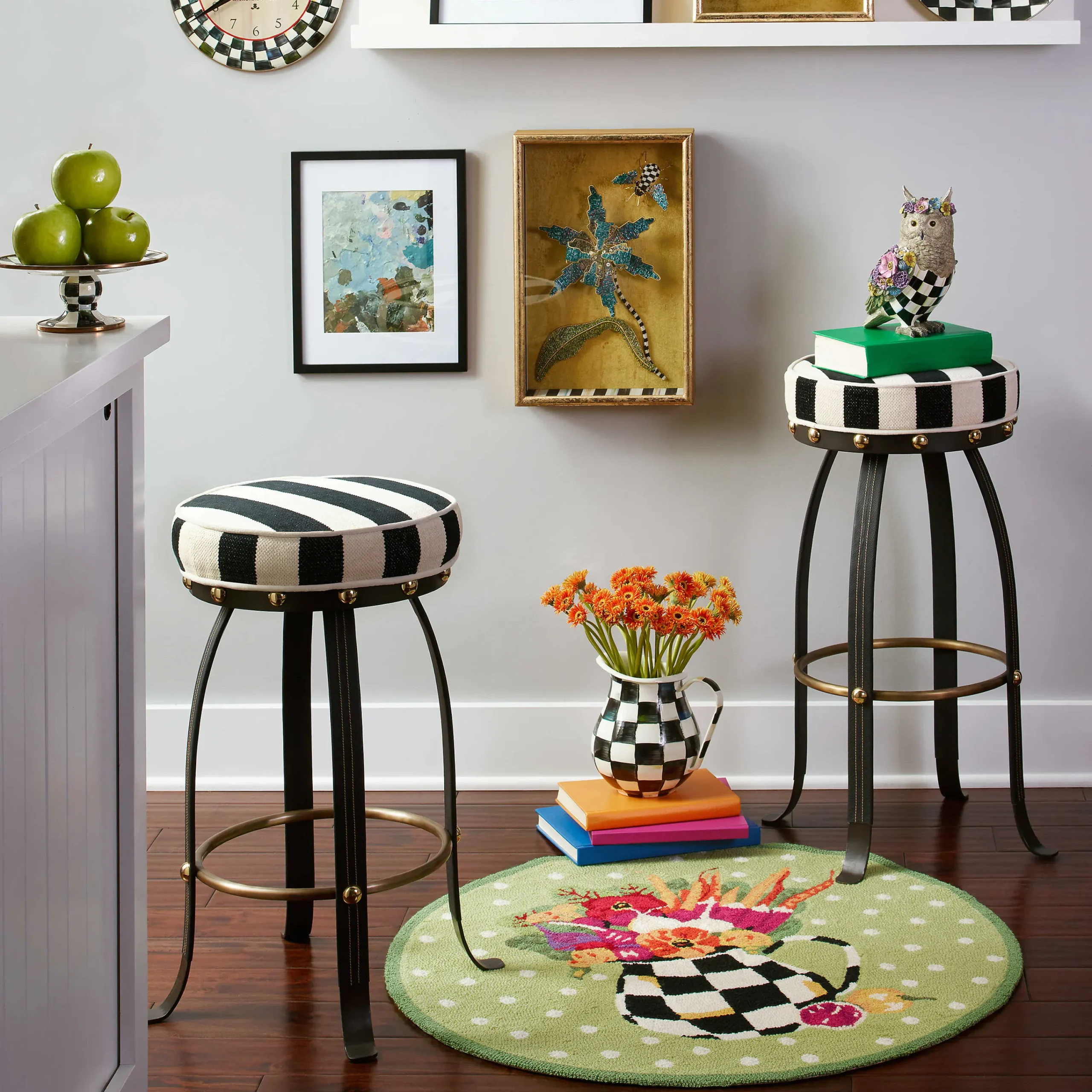 MacKenzie-Childs Flatiron Black Stripe Bar Stool| Dining Room & Kitchen