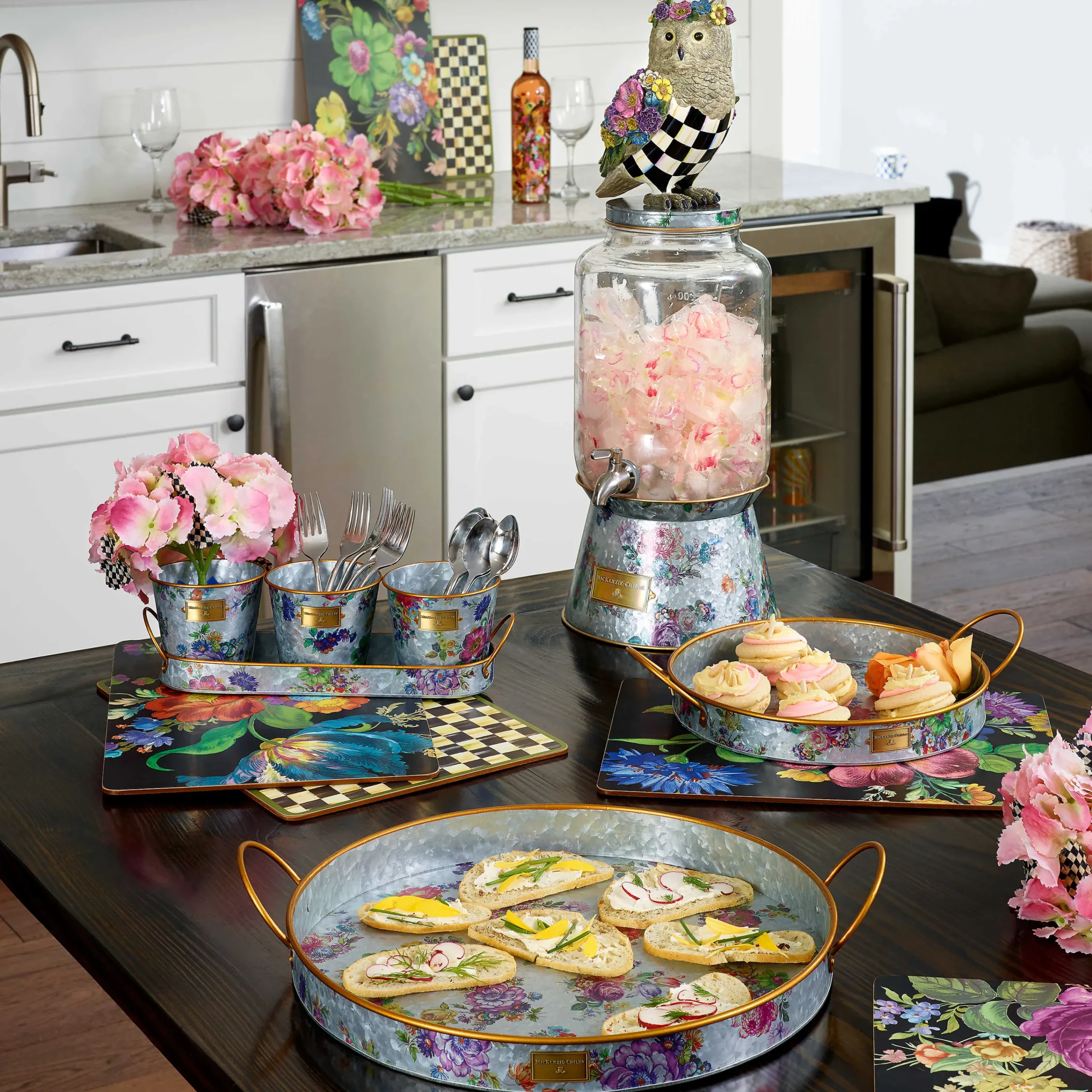 MacKenzie-Childs Flower Market Galvanized Serving Trays, Set of 2| Outdoor|Bar Entertaining