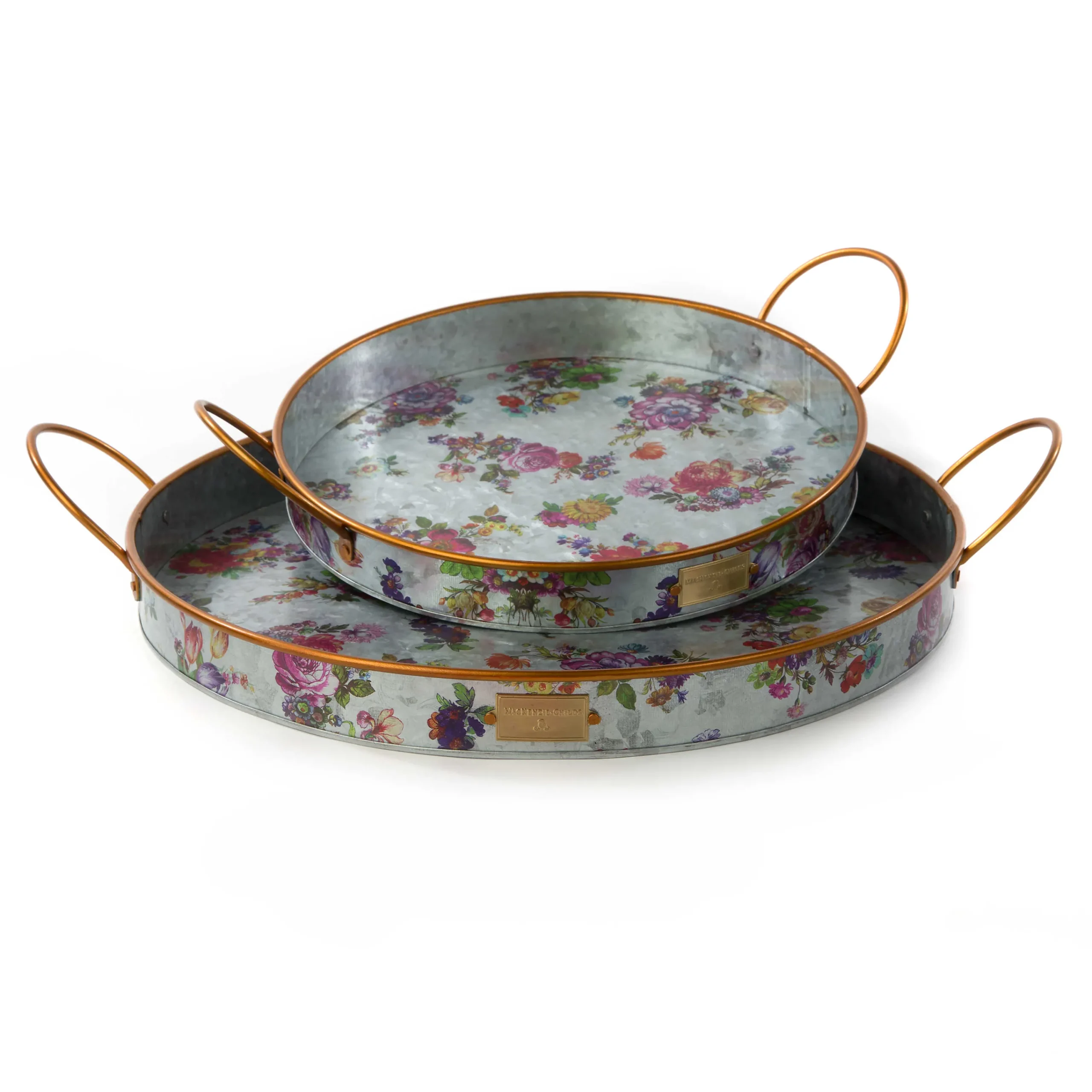 MacKenzie-Childs Flower Market Galvanized Serving Trays, Set of 2| Outdoor|Bar Entertaining