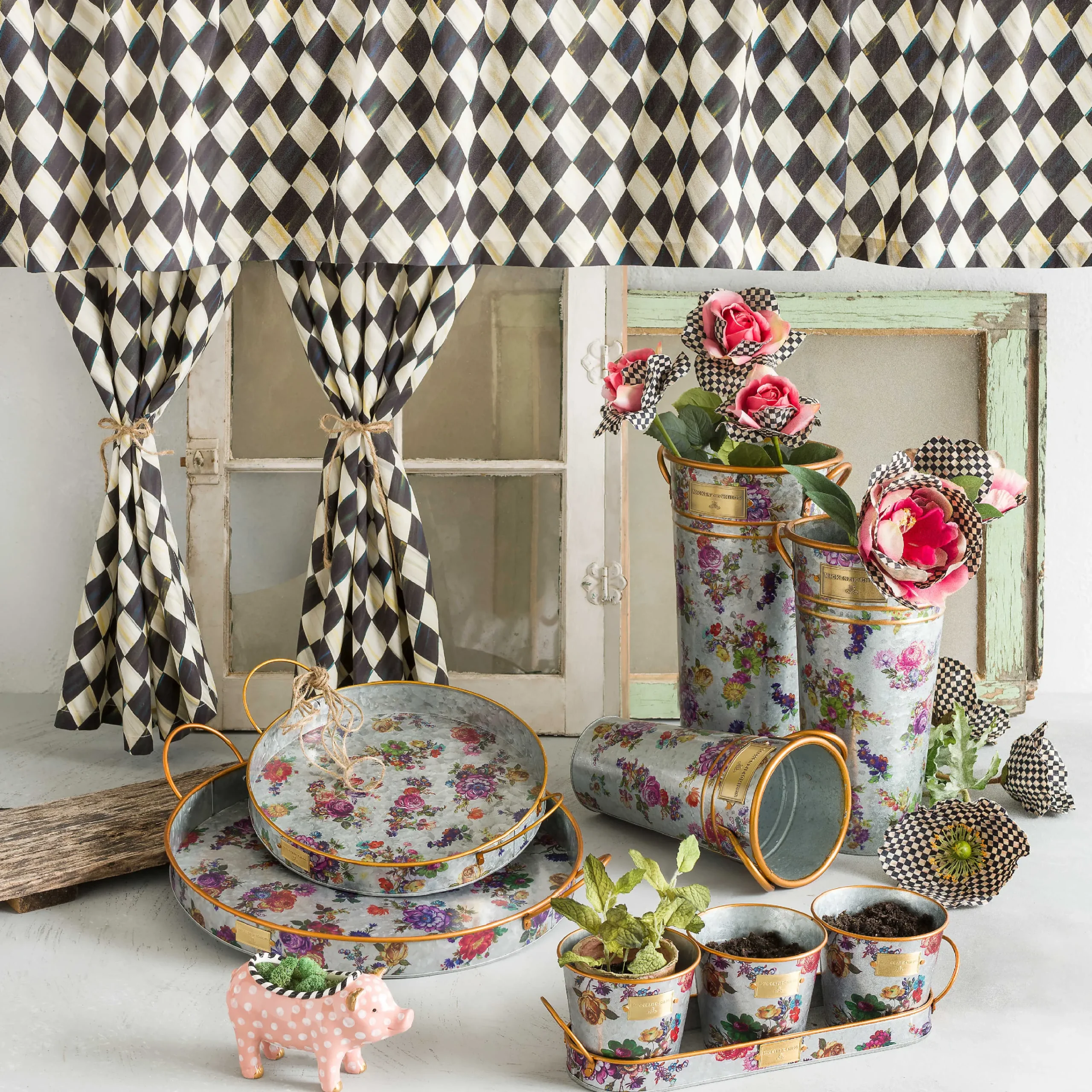 MacKenzie-Childs Flower Market Galvanized Herb Pots with Tray, Set of 3| Spring|Outdoor