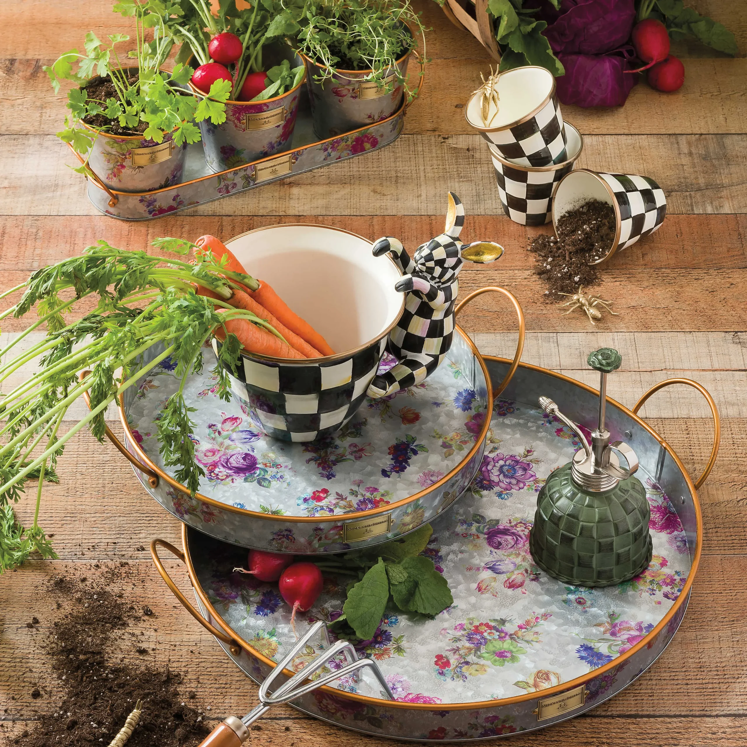 MacKenzie-Childs Flower Market Galvanized Herb Pots with Tray, Set of 3| Spring|Outdoor