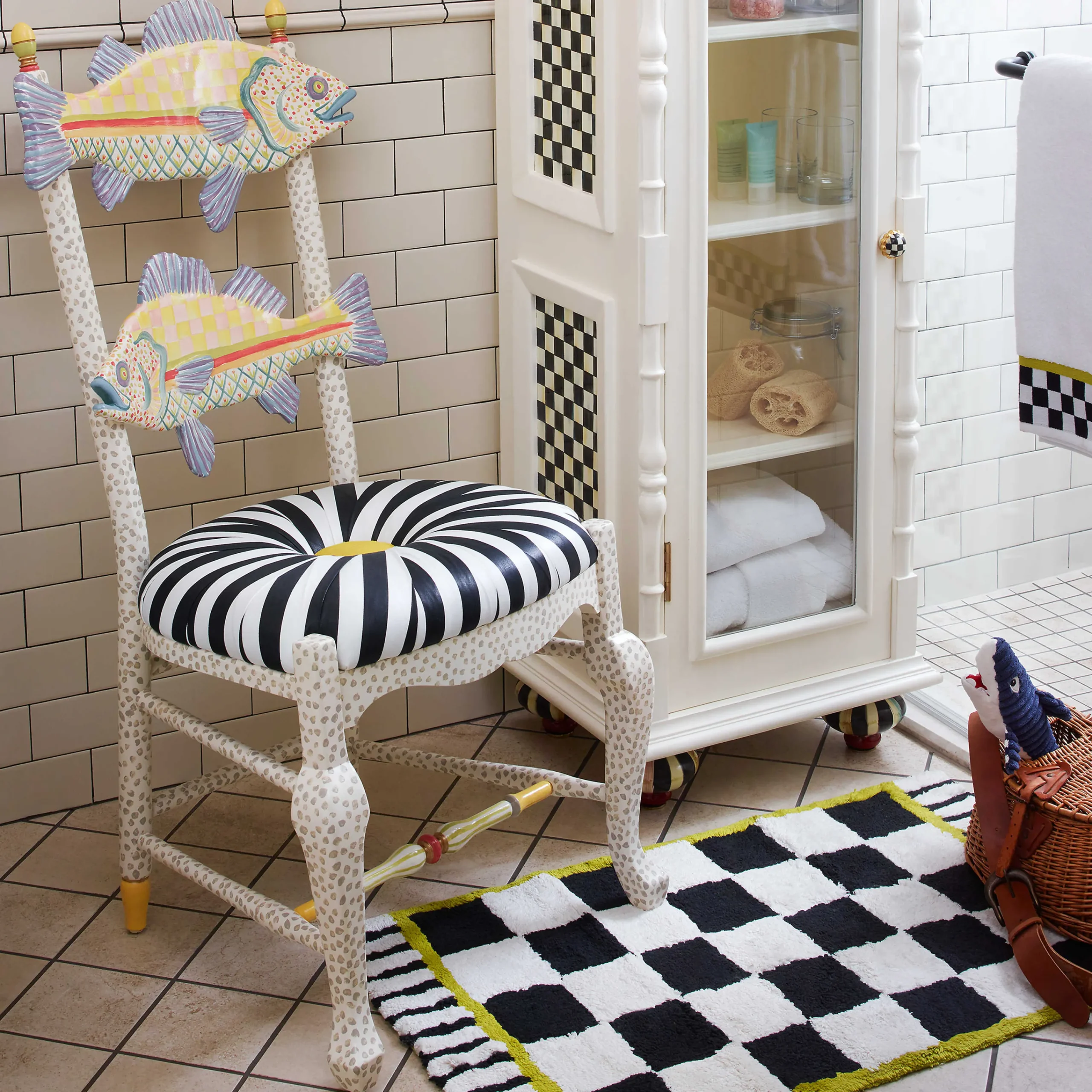 MacKenzie-Childs Freckle Fish Chair - Black White Seat| Dining Room & Kitchen