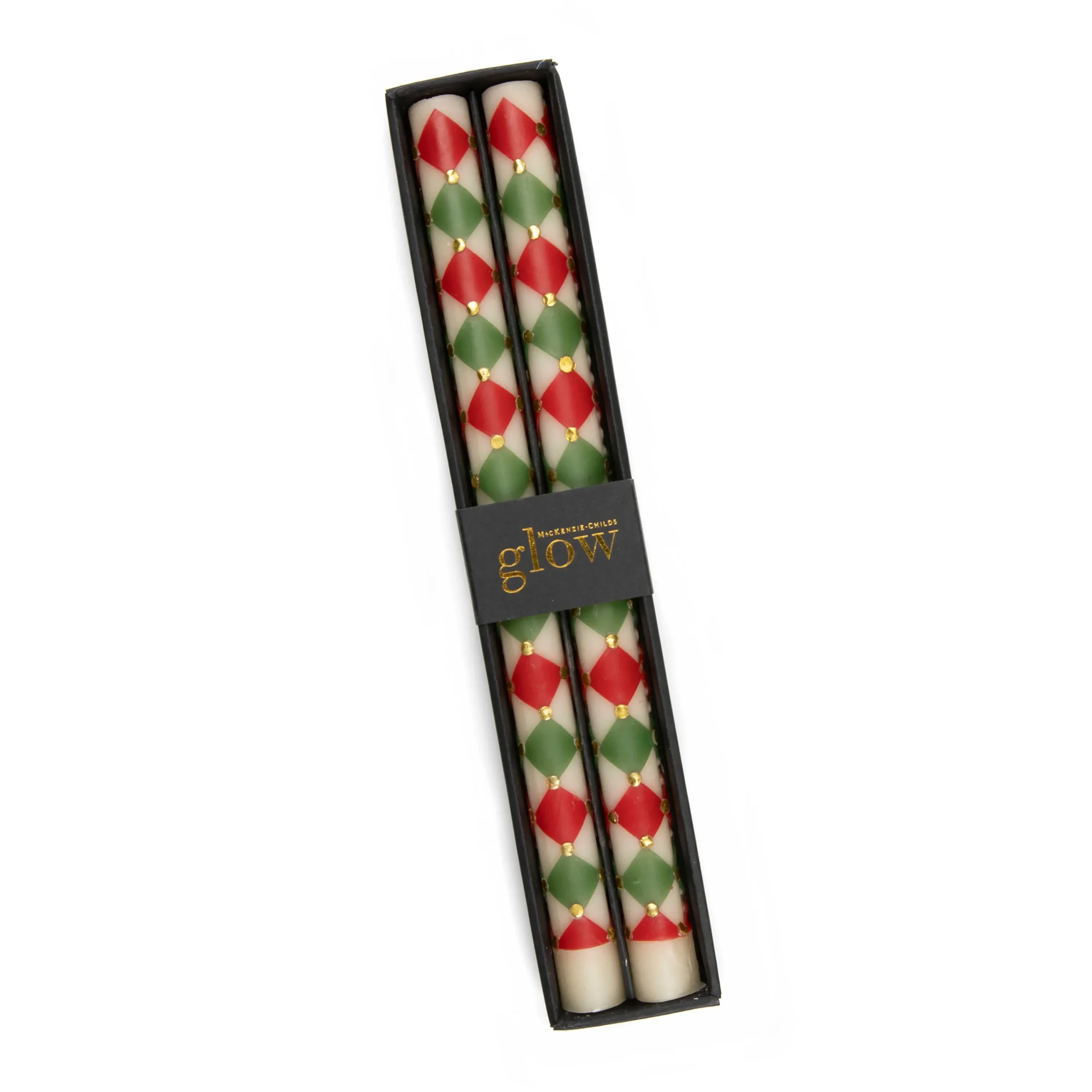 MacKenzie-Childs Harlequin Dot Dinner Candles - Red, Green, Gold - Set of 2| Holiday|Candles & Fragrances