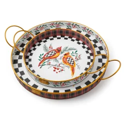 MacKenzie-Childs Holiday Cardinal Round Metal Serving Trays, Set of 2| Holiday|Serveware