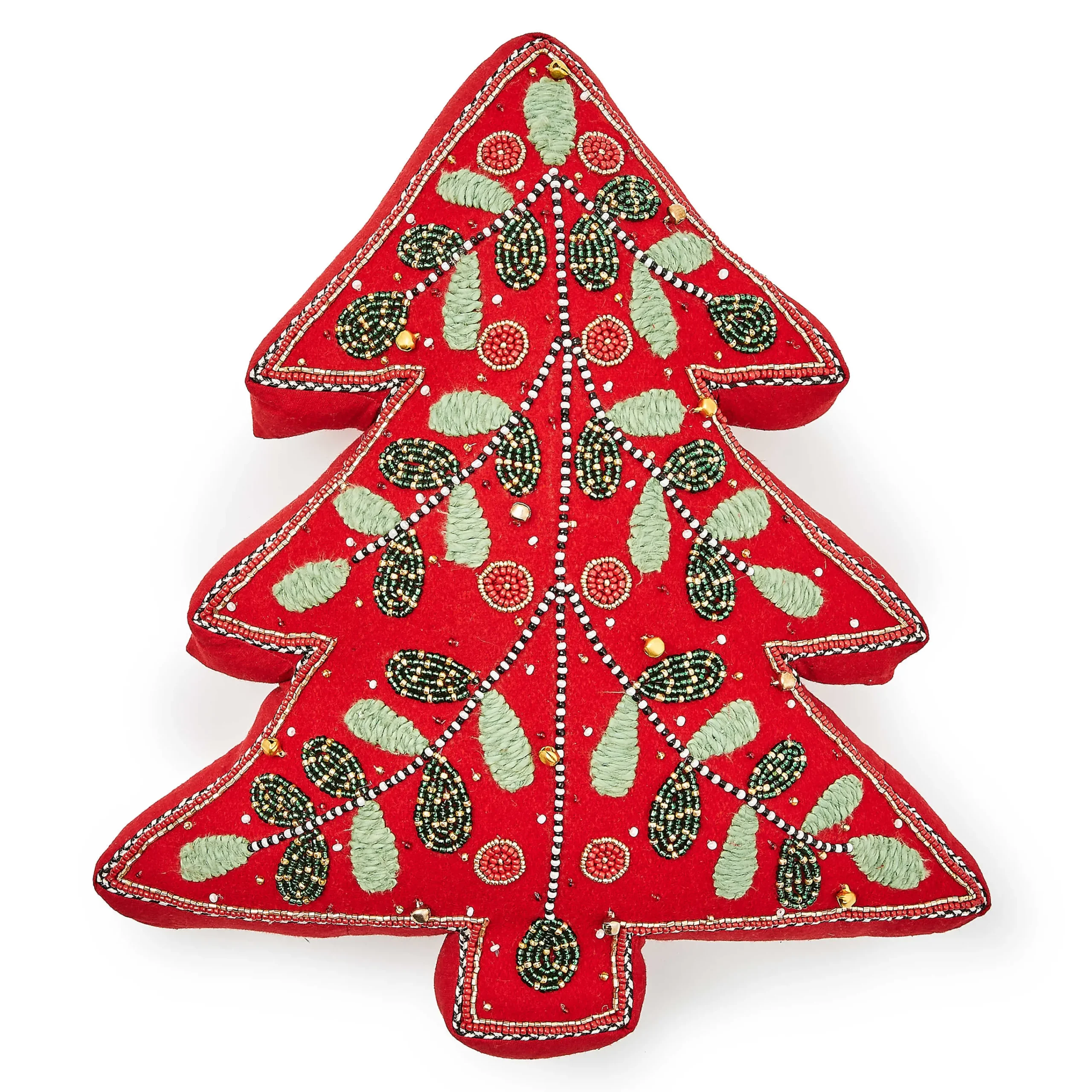 MacKenzie-Childs Holiday Red Tree Shaped Embroidered Throw Pillow| Pillows, Throws, & Cushions