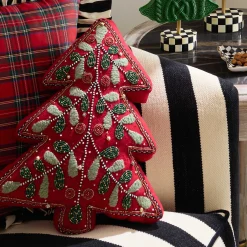 MacKenzie-Childs Holiday Red Tree Shaped Embroidered Throw Pillow| Pillows, Throws, & Cushions